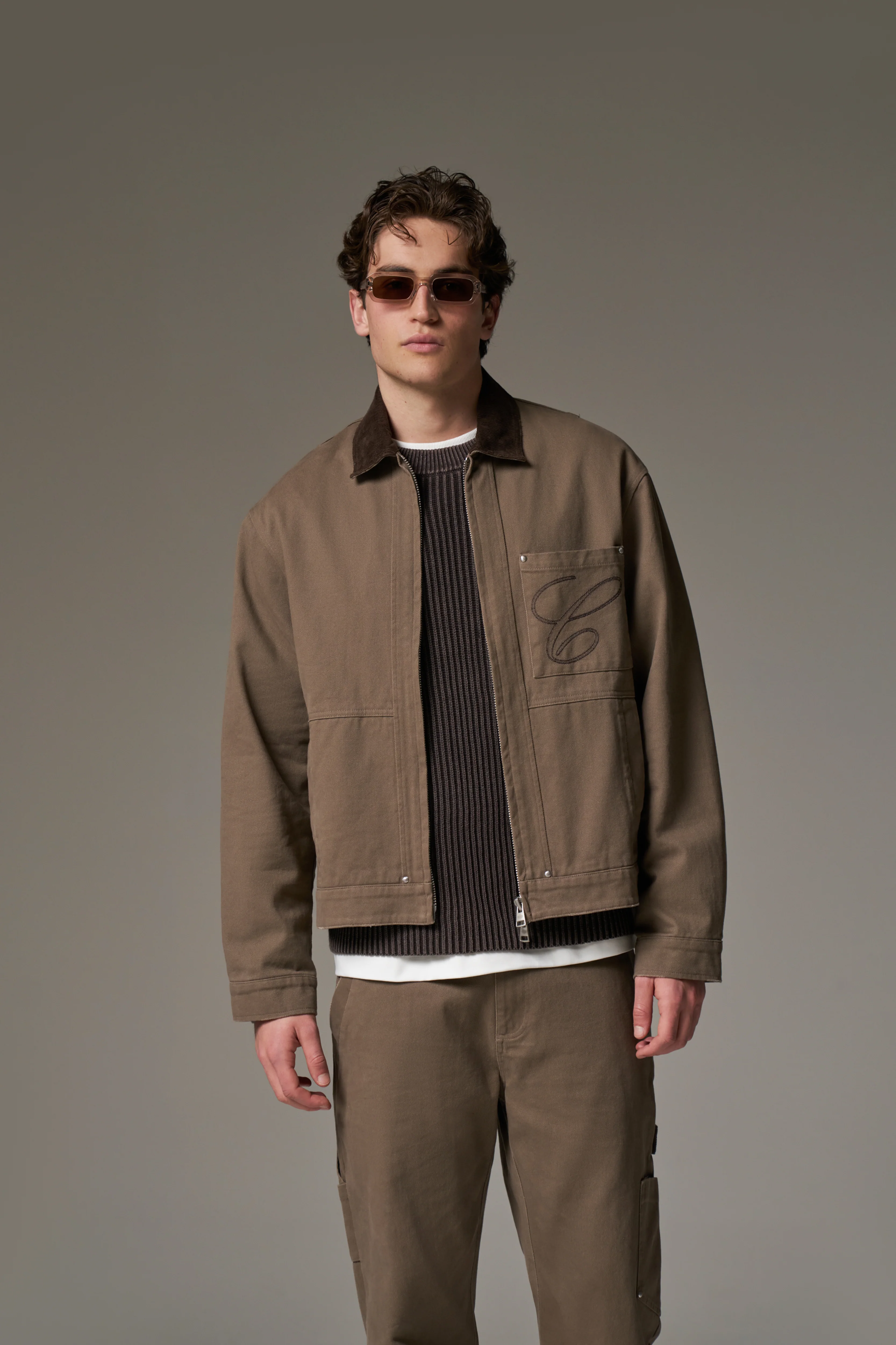 TWILL CONTRAST COLLAR JACKET - WASHED BROWN