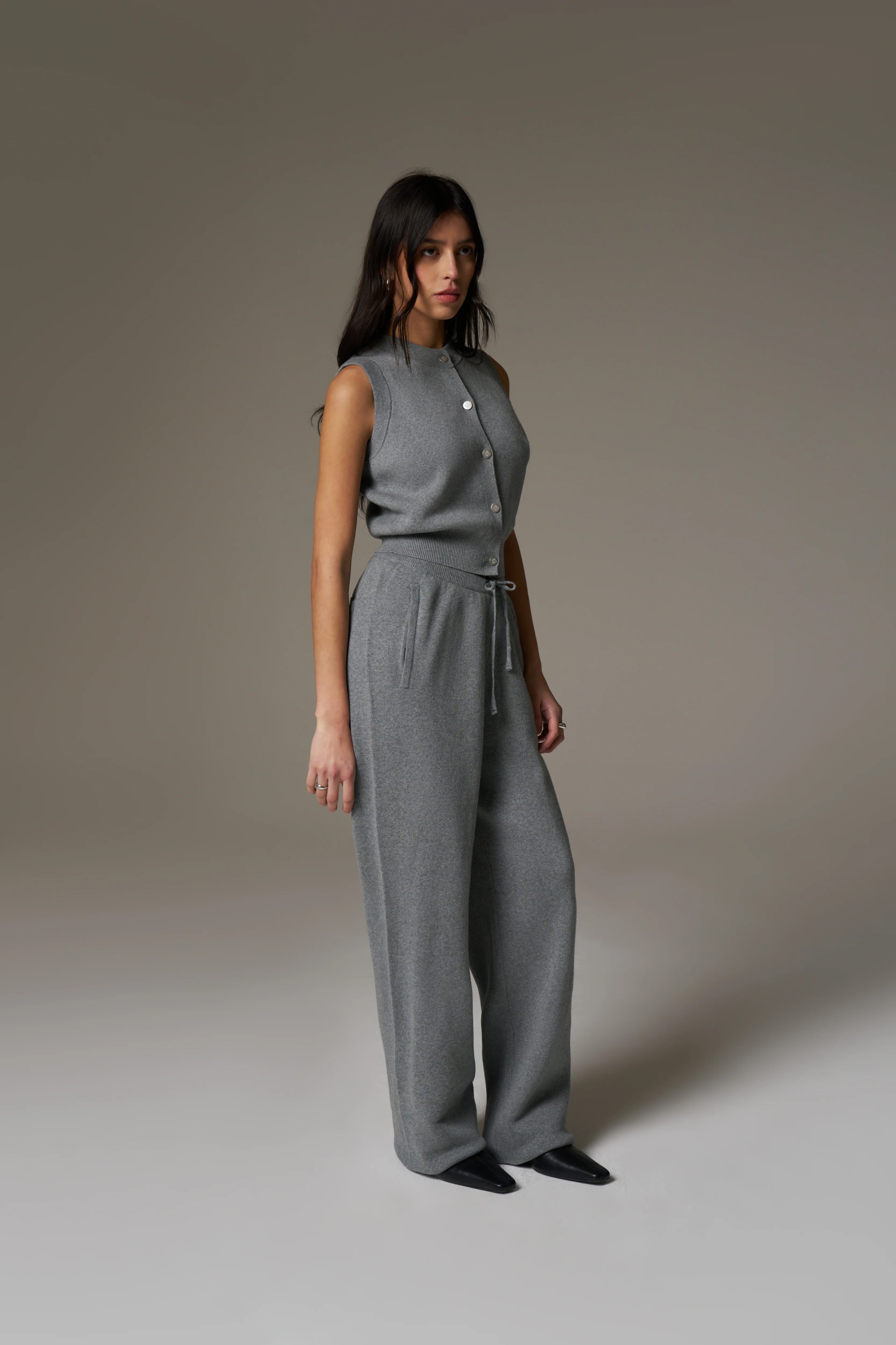 KNIT BUTTON THROUGH TOP - GREY MARL