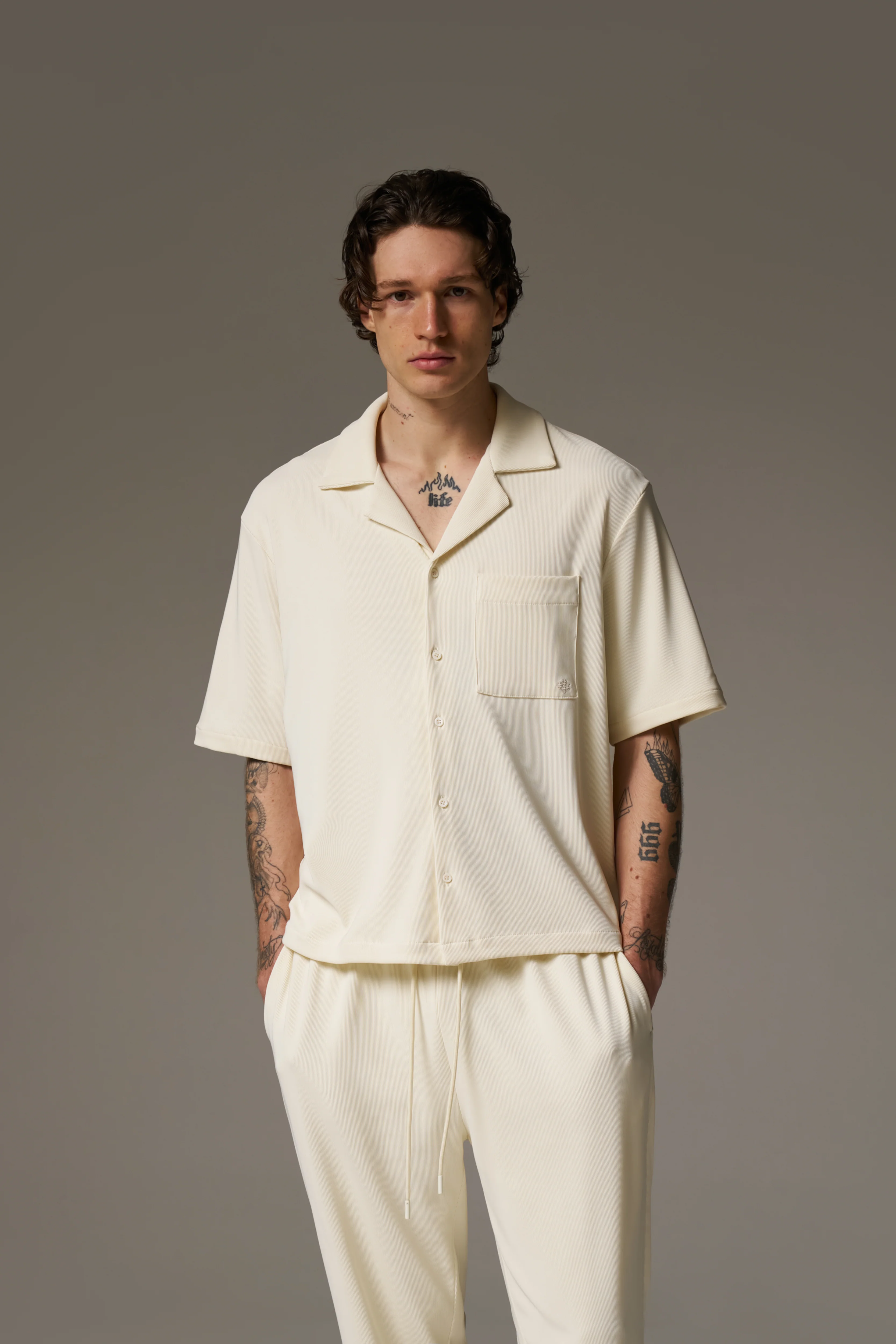 RIB BUTTON THROUGH SHIRT - OFF WHITE