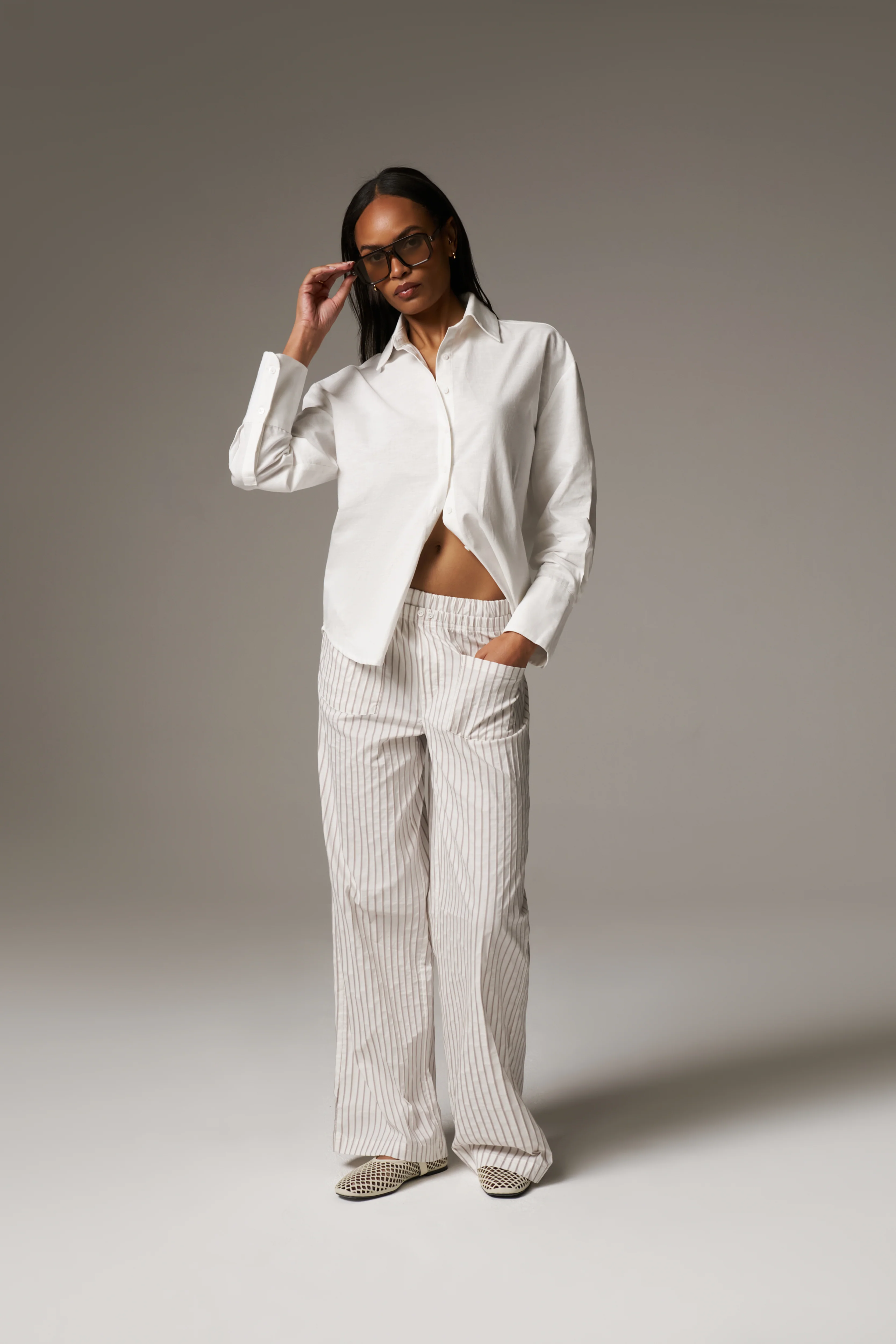 DOUBLE WAISTBAND STRIPE TROUSERS - BEIGE