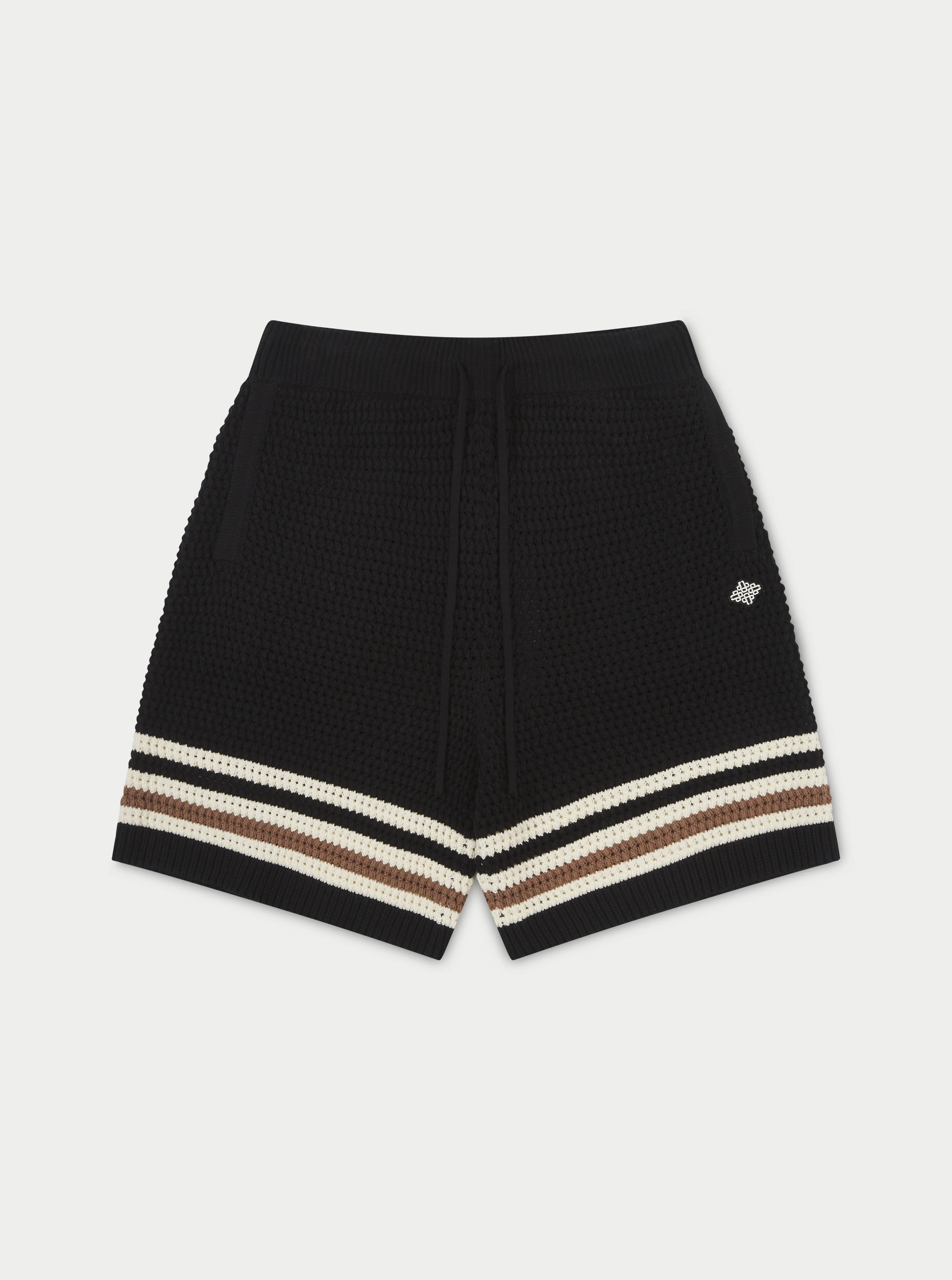 STRIPE TRIM CROCHET KNITTED SHORTS - BLACK
