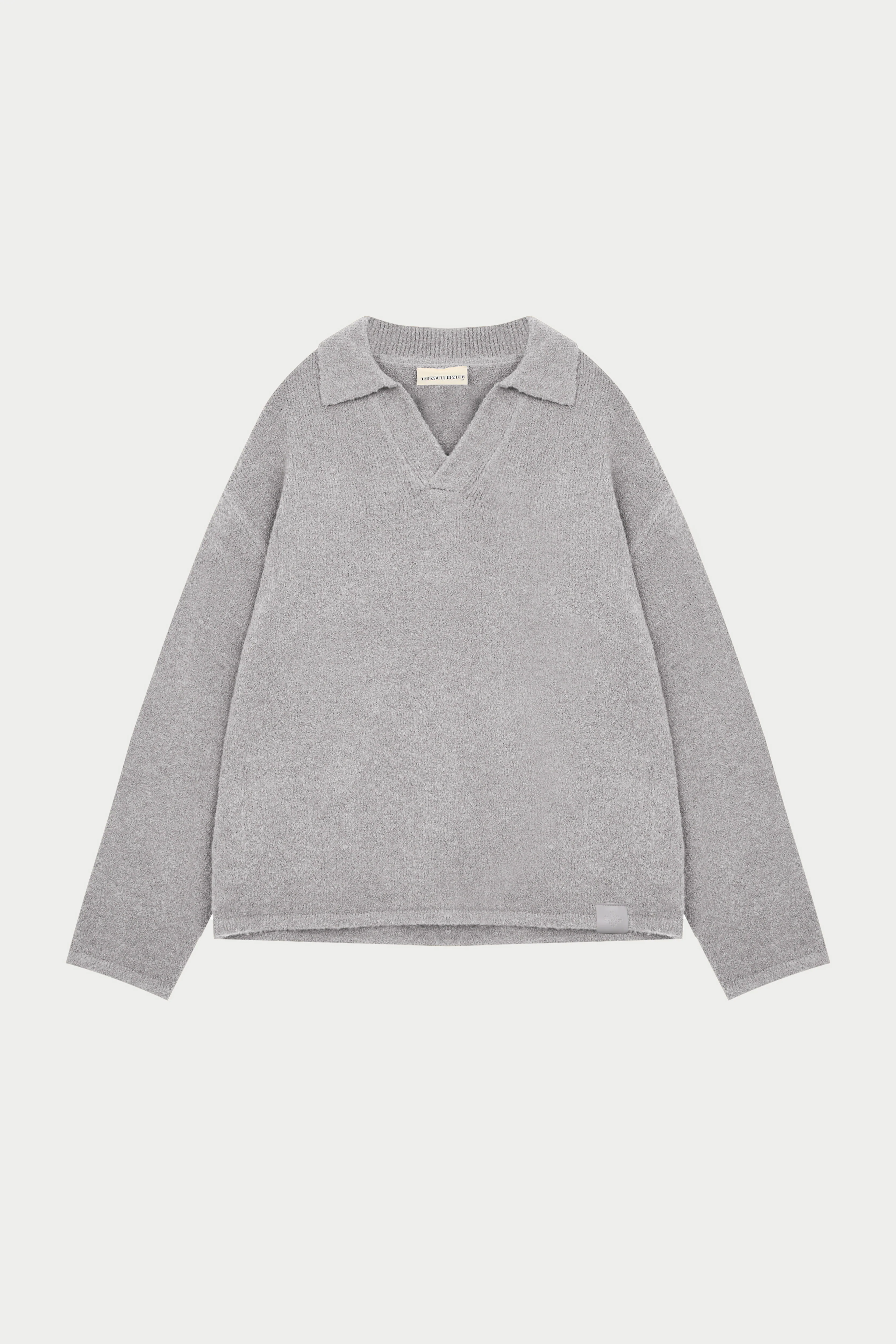 BOUCLE KNIT LONG SLEEVE POLO - GREY MARL