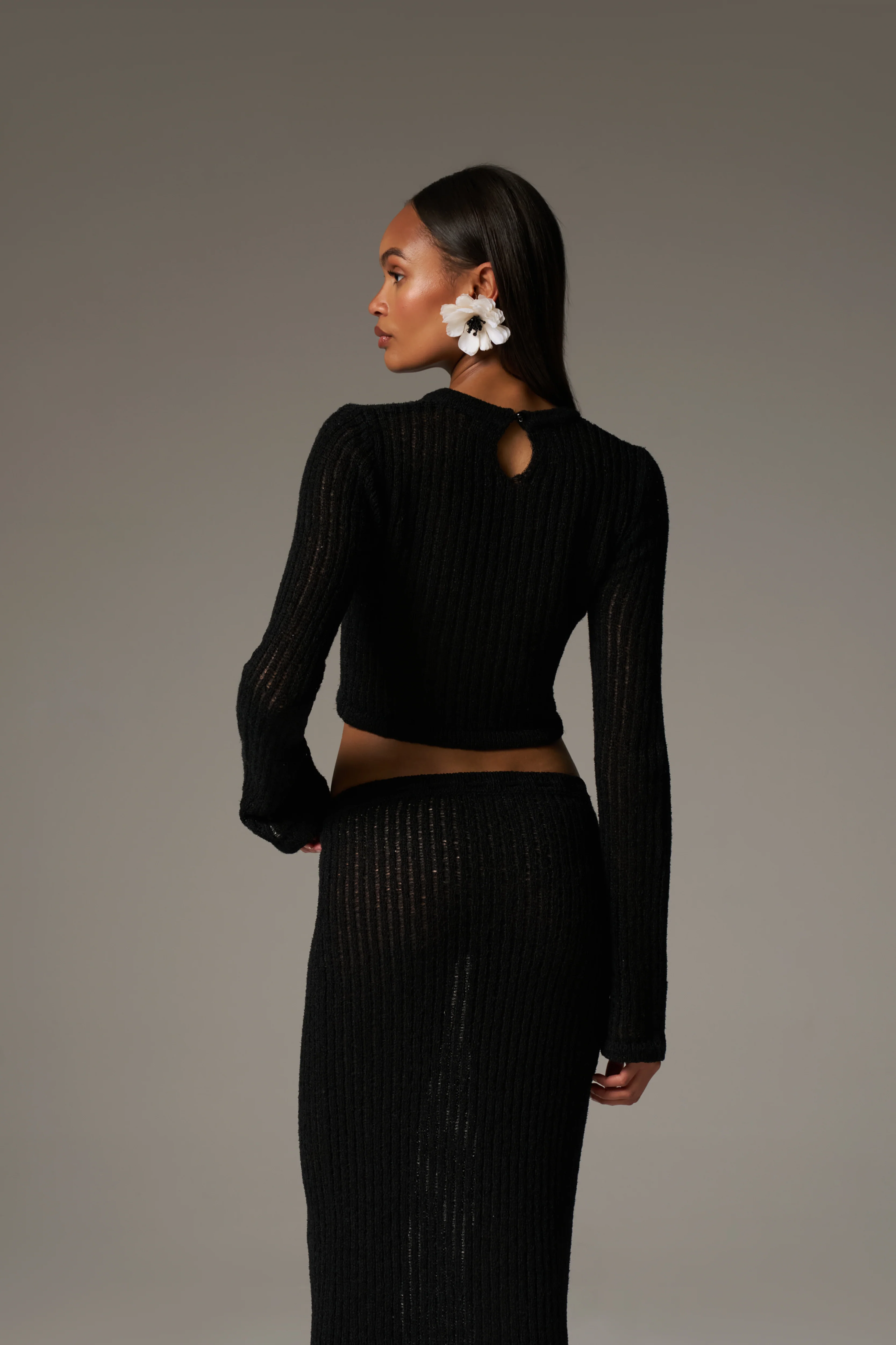 LADDER KNIT LONG SLEEVE TOP - BLACK