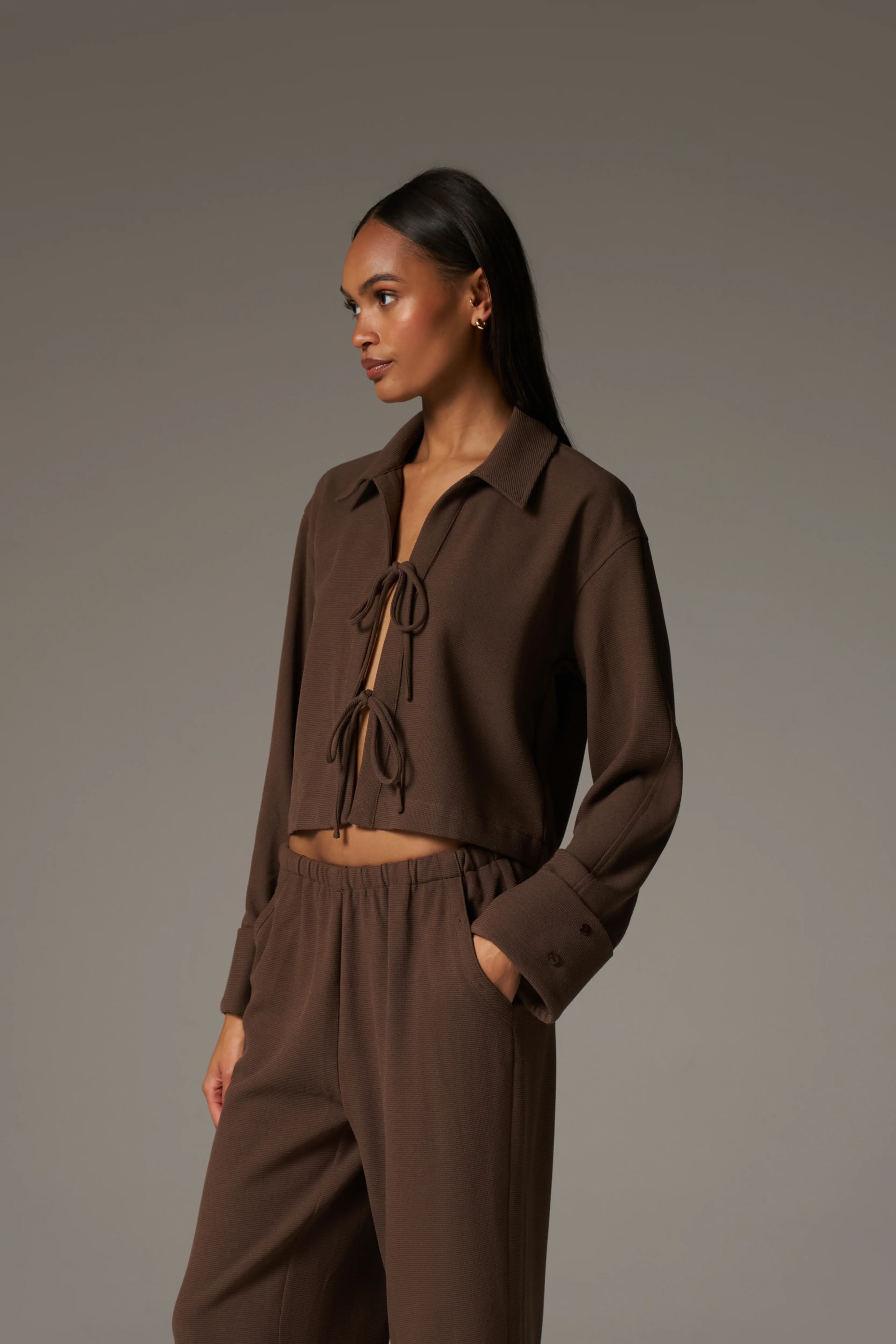 TEXTURED LINEN TIE FRONT SHIRT - BROWN