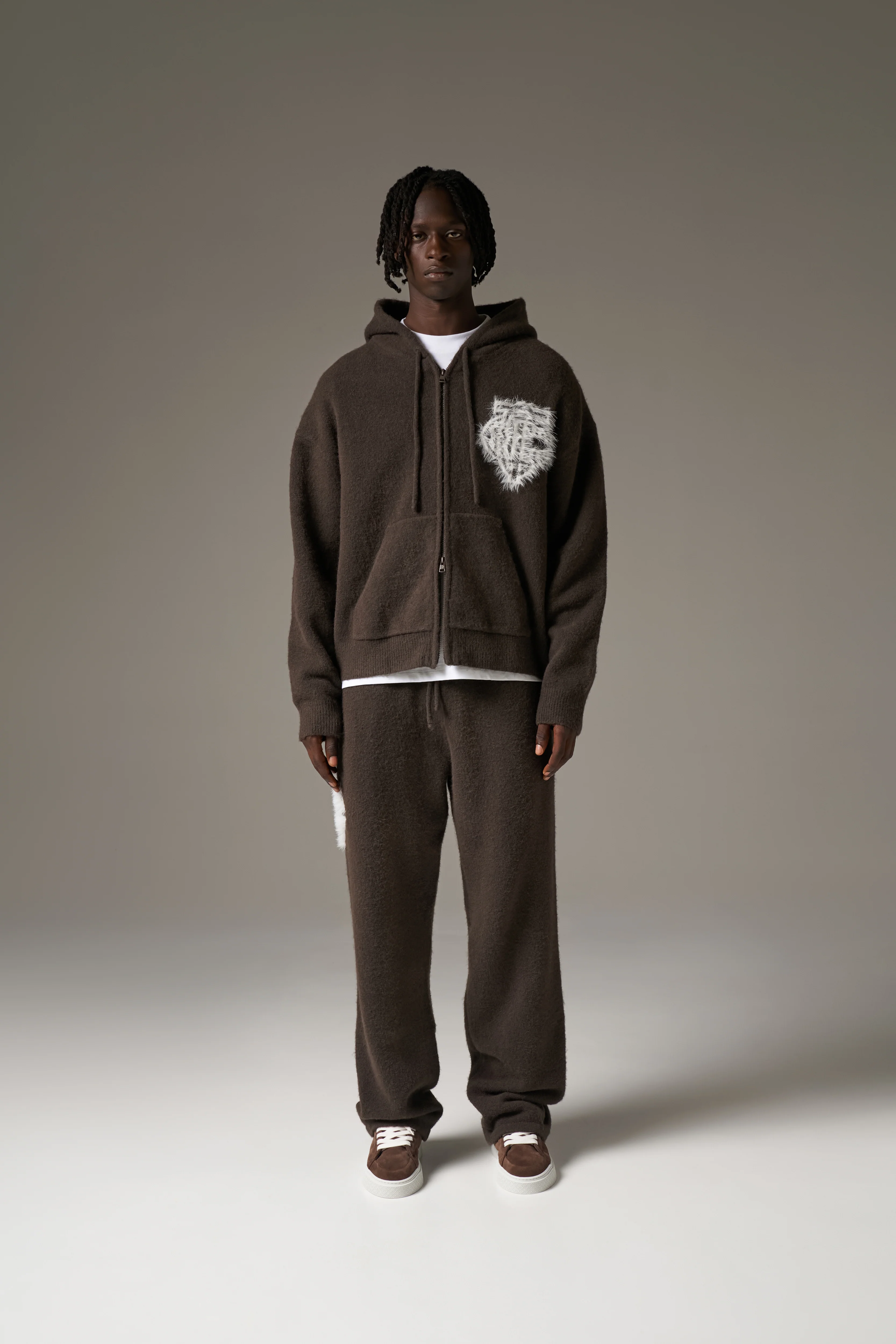 MONOGRAM EMBLEM FLUFFY KNIT ZIP THROUGH HOODIE - BROWN