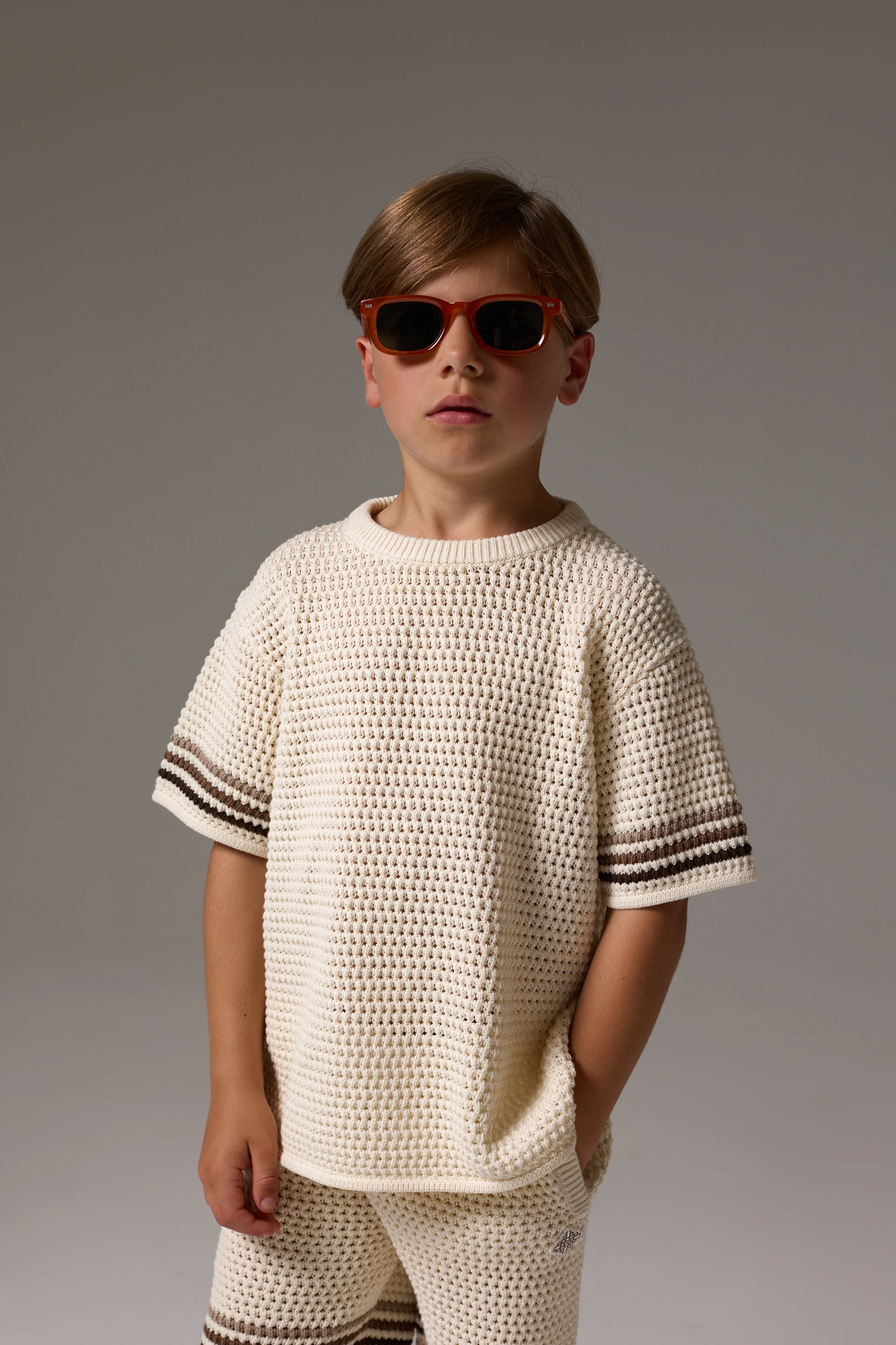 JUNIOR STRIPE CROCHET KNIT T-SHIRT - OFF WHITE