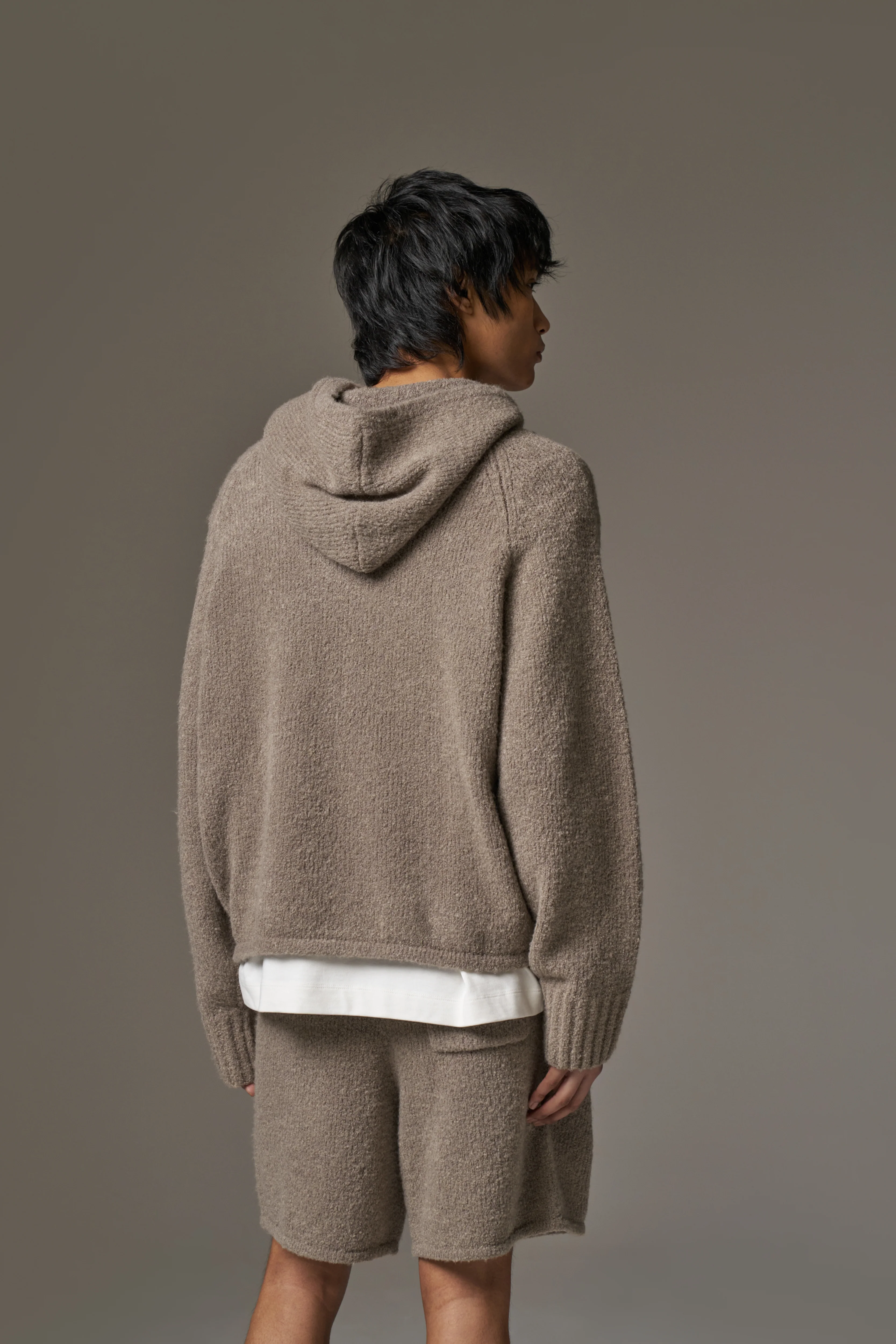 BOUCLE KNIT HOODIE - BROWN