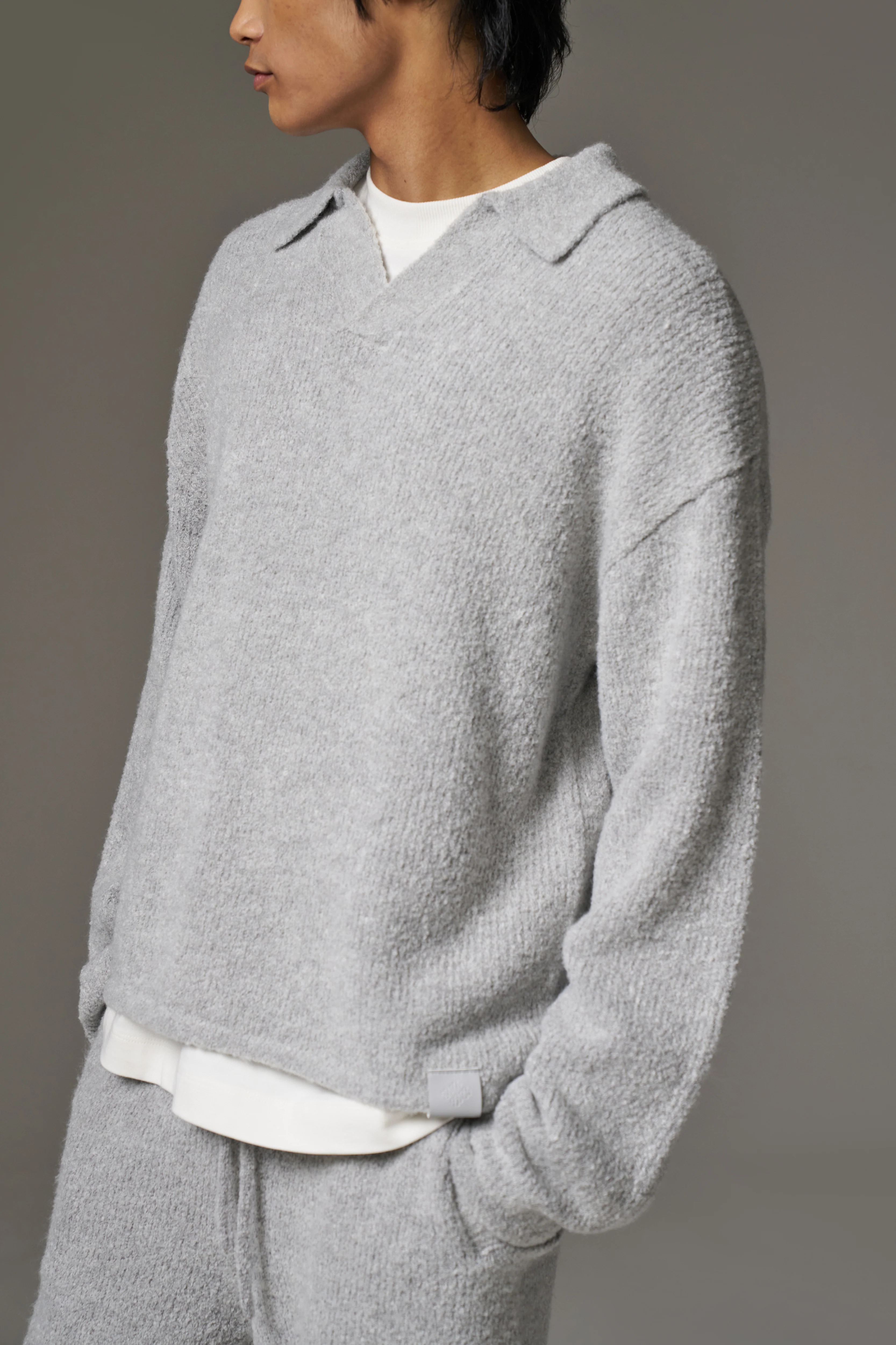 BOUCLE KNIT LONG SLEEVE POLO - GREY MARL