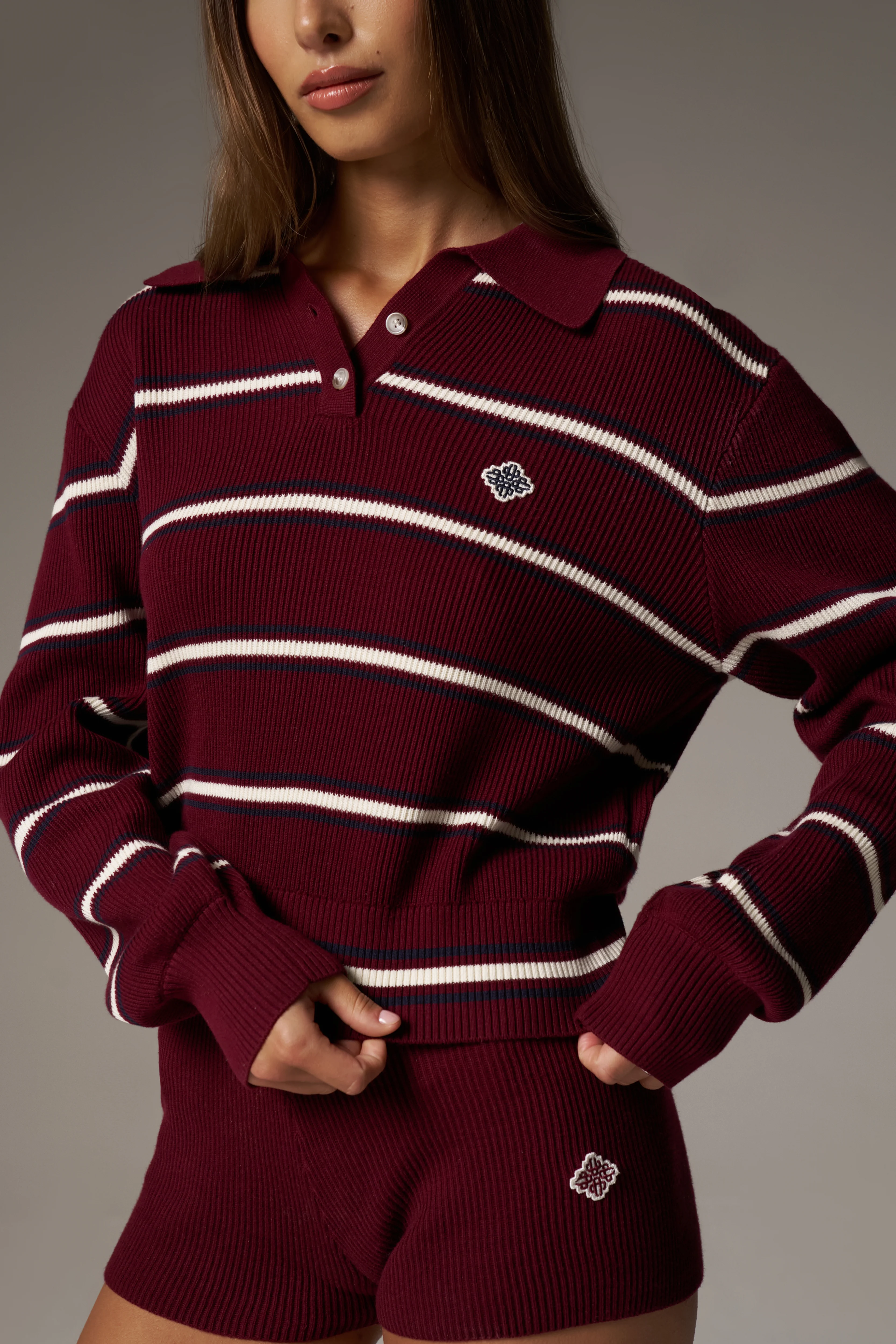 STRIPE KNITTED BUTTON THROUGH POLO - BURGUNDY