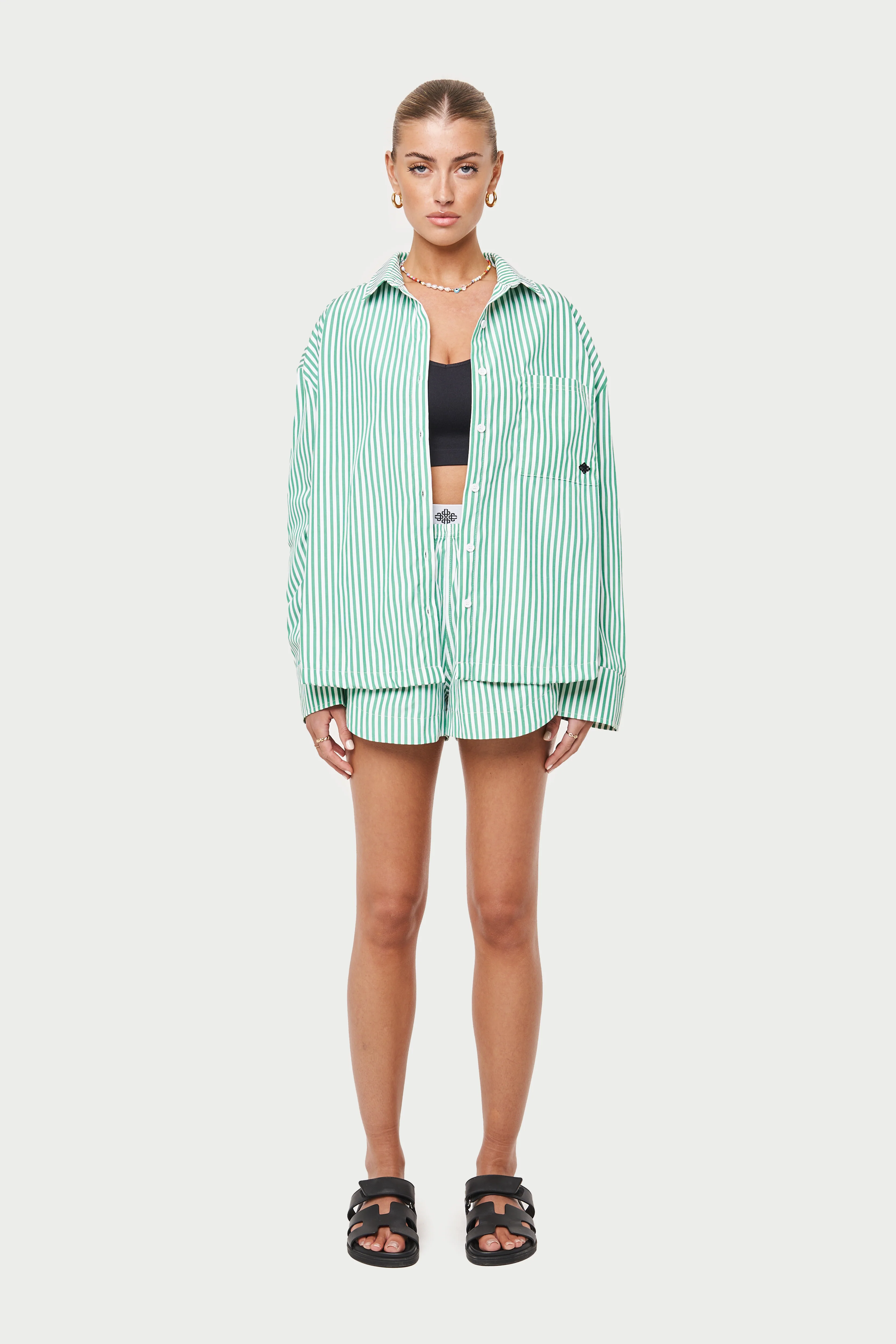 EMBLEM STRIPE OVERSIZED SHIRT - GREEN