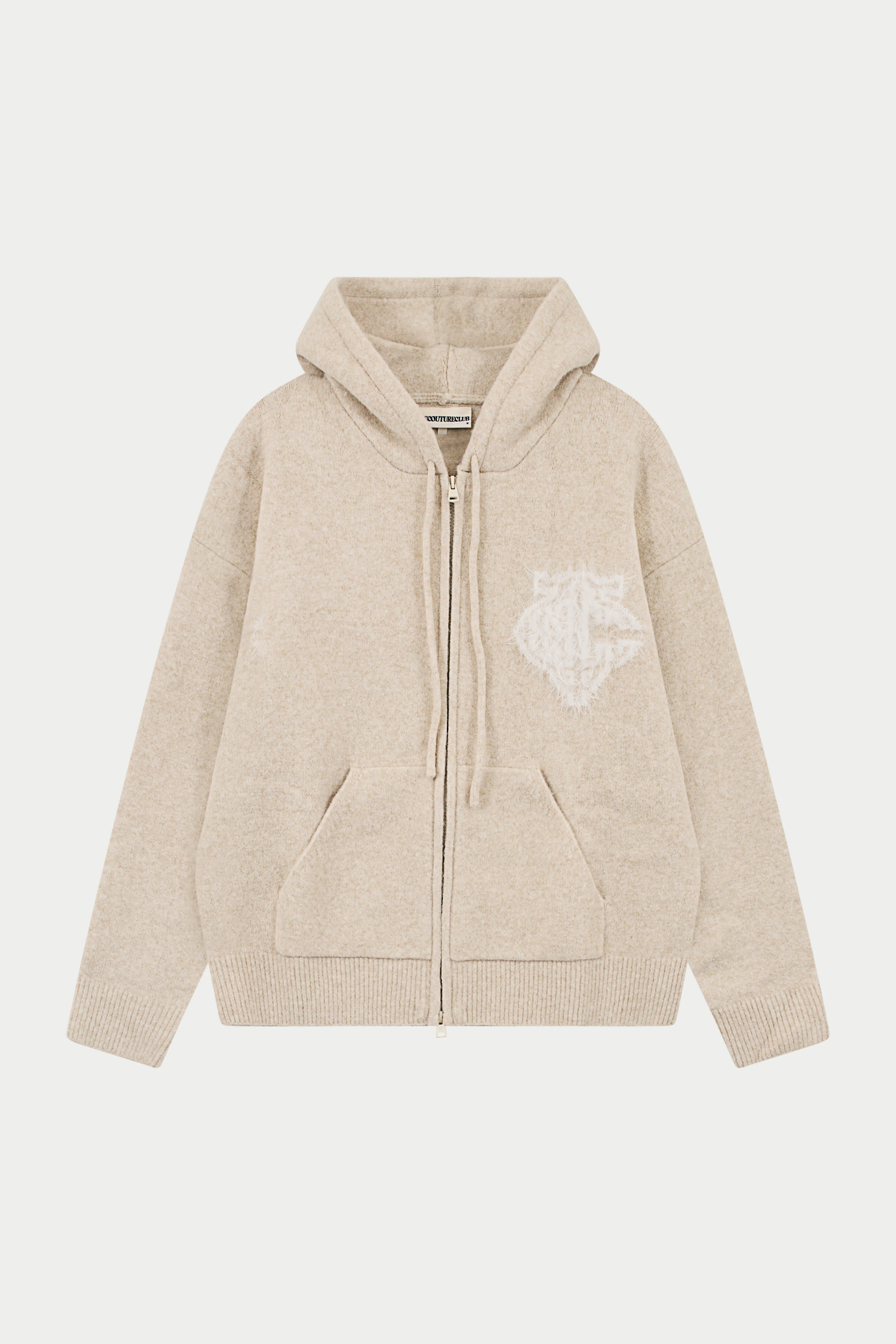MONOGRAM EMBLEM FLUFFY KNIT ZIP THROUGH HOODIE - BEIGE