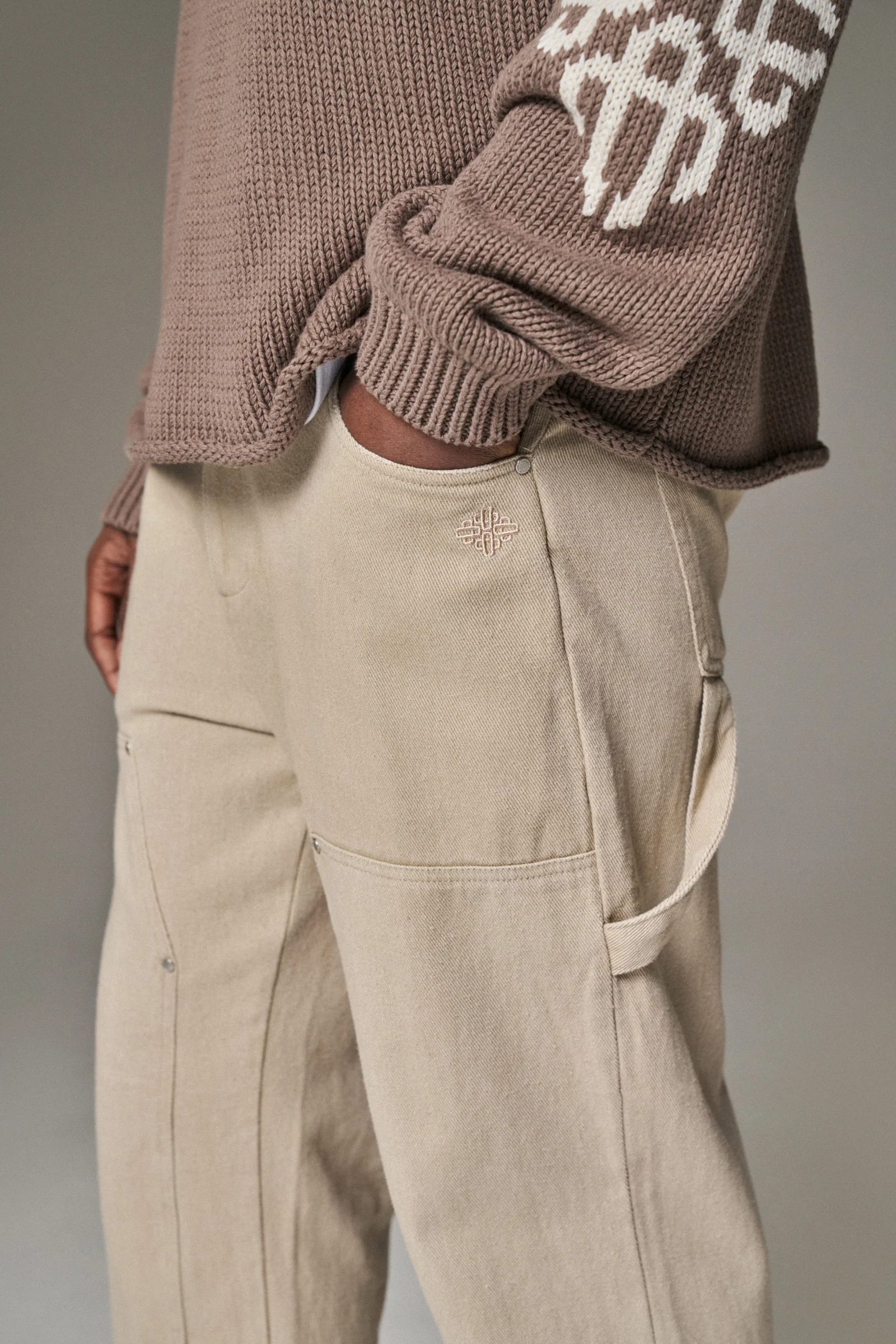 TWILL RIVET DETAIL CARPENTER PANT - BEIGE