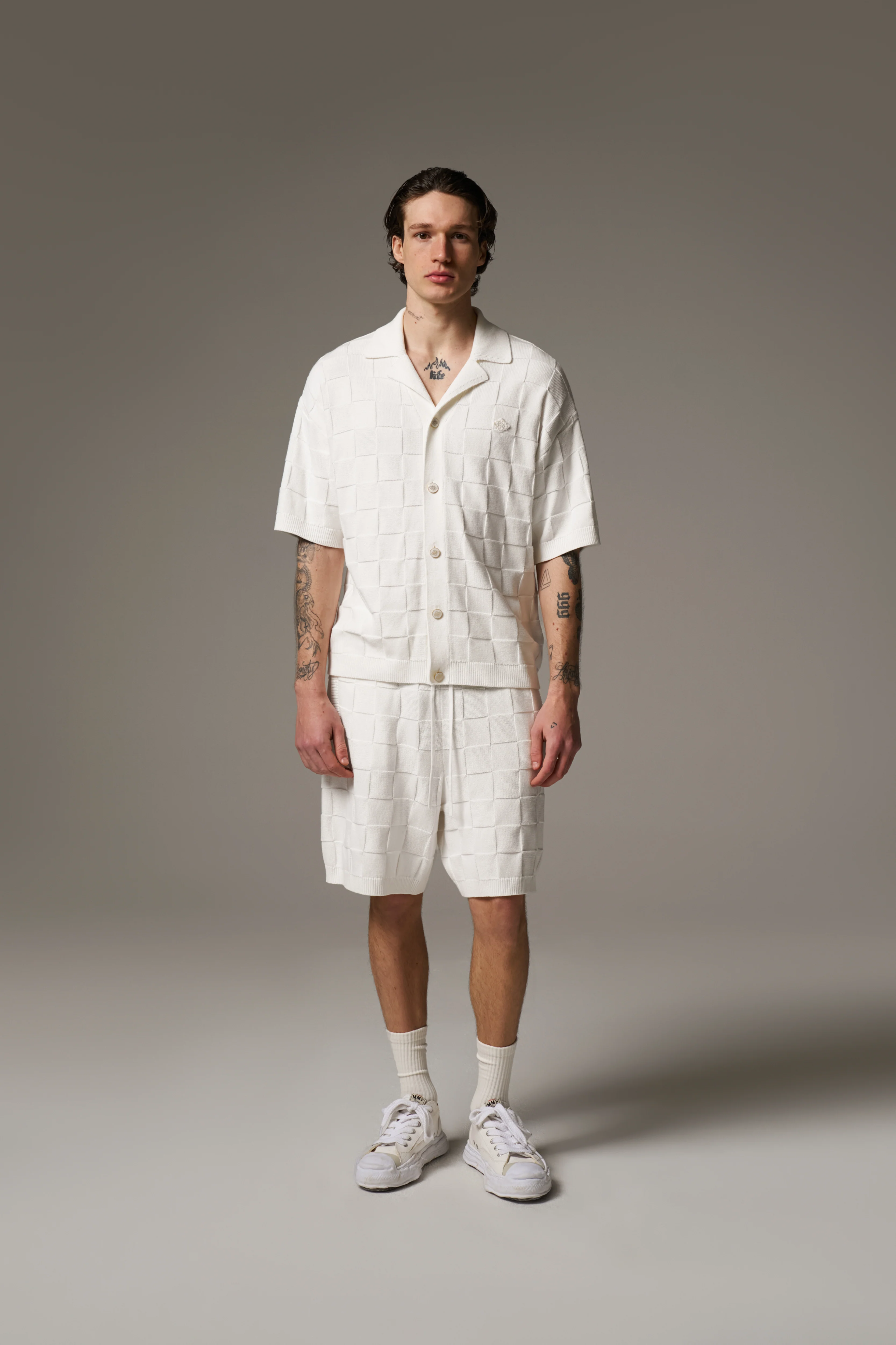 CHECKERBOARD KNITTED SHIRT - OFF WHITE