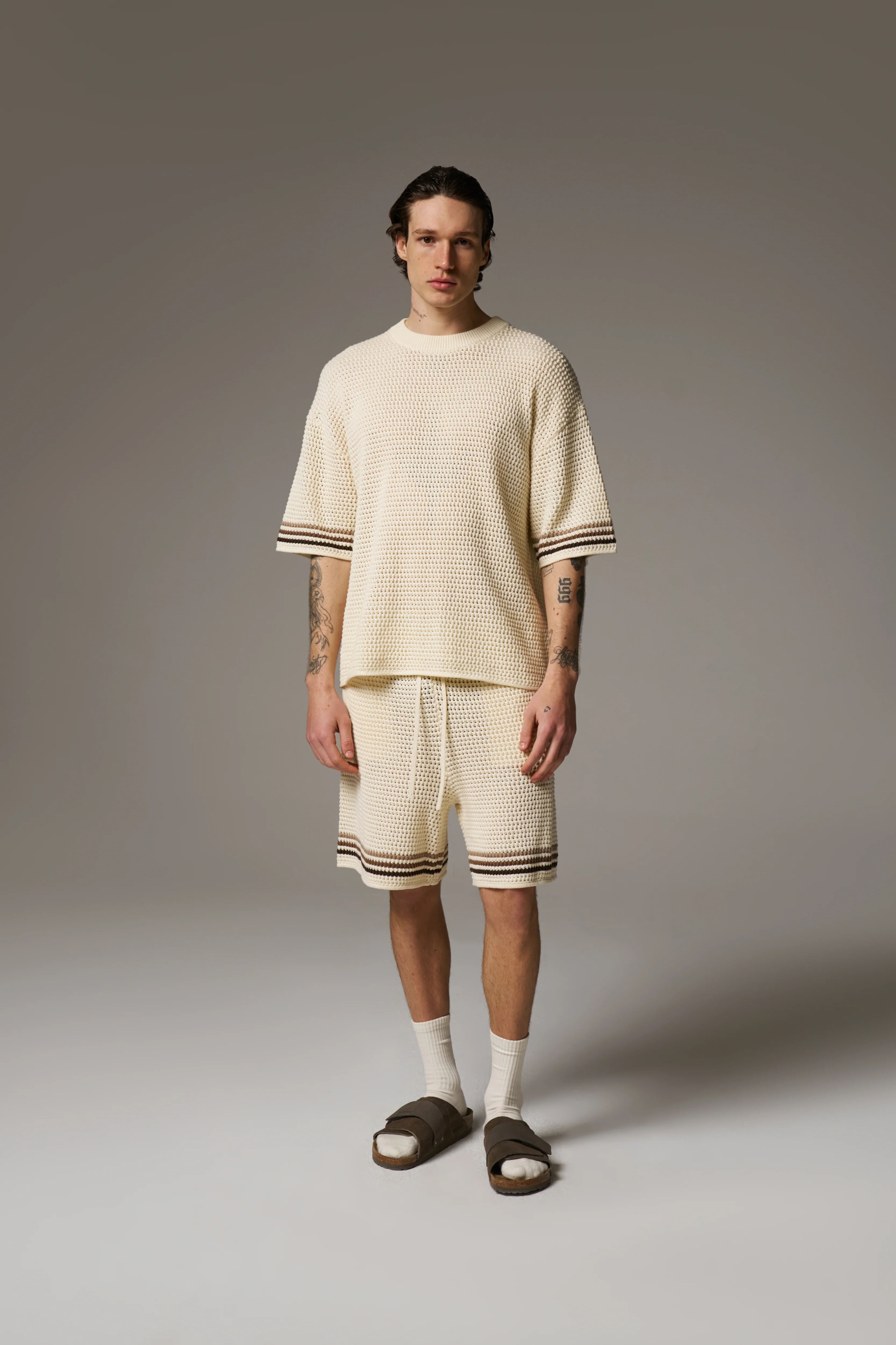 STRIPE CROCHET KNIT T-SHIRT - OFF WHITE