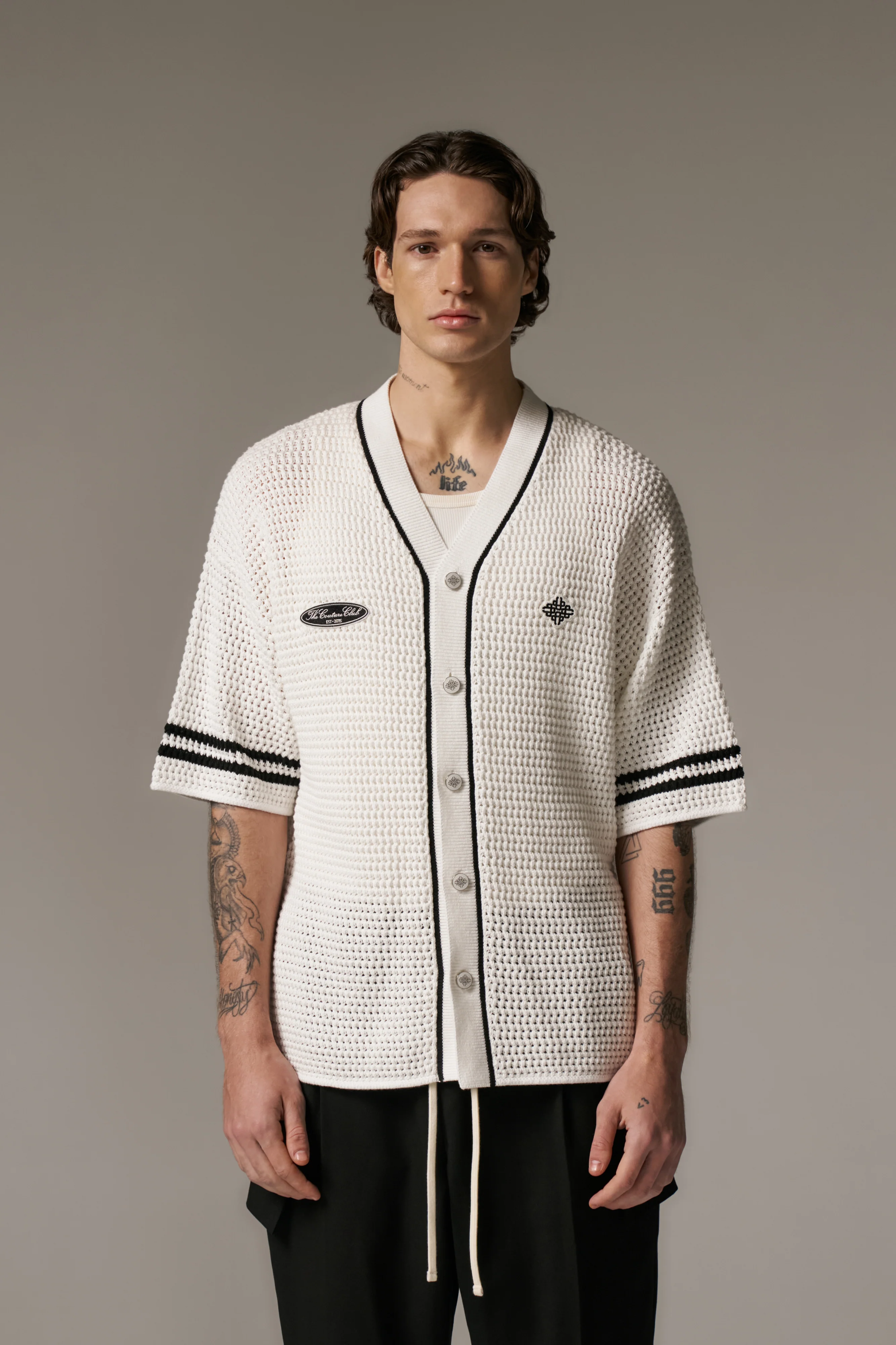 CROCHET KNITTED BASEBALL SHIRT - WHITE