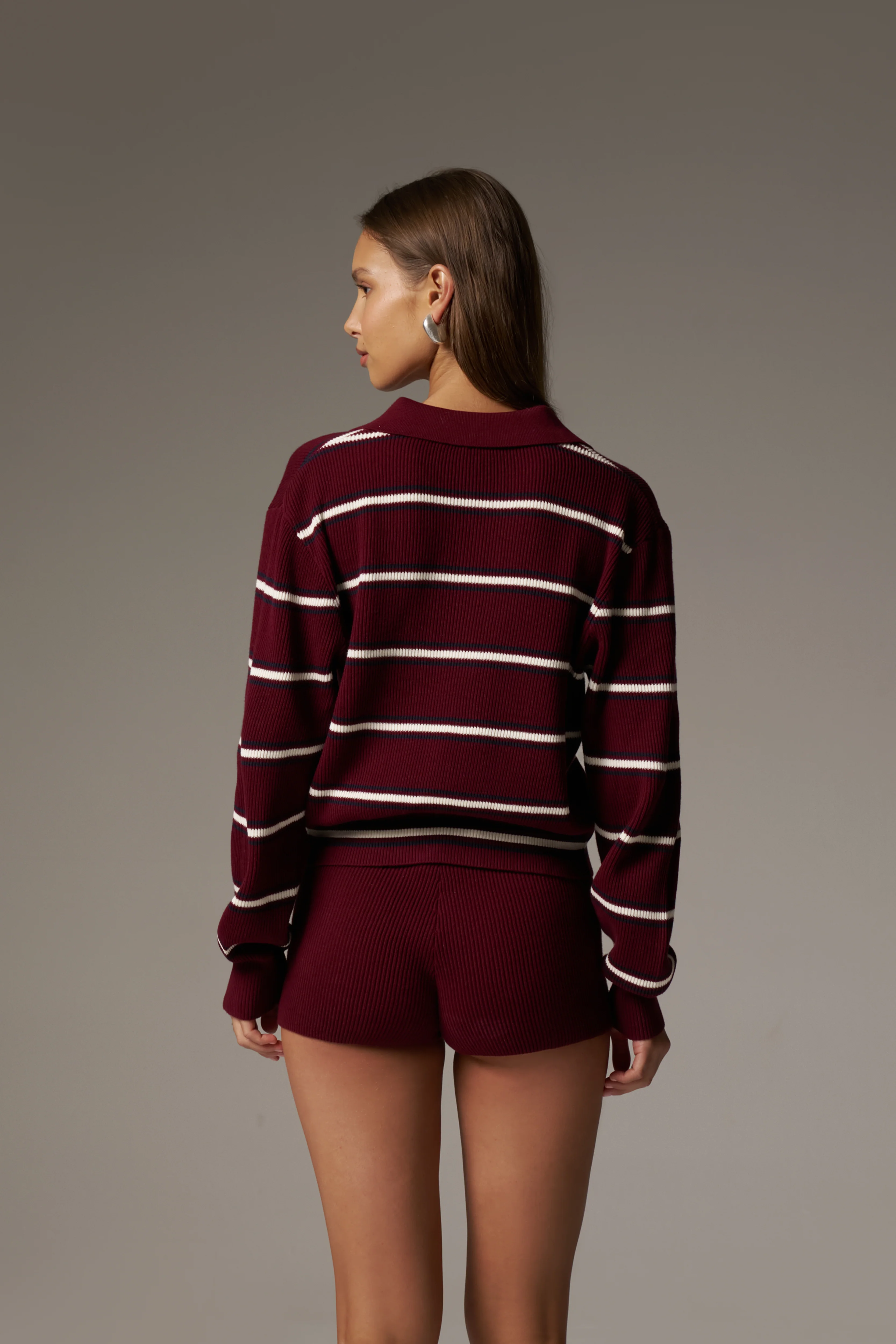 STRIPE KNITTED BUTTON THROUGH POLO - BURGUNDY