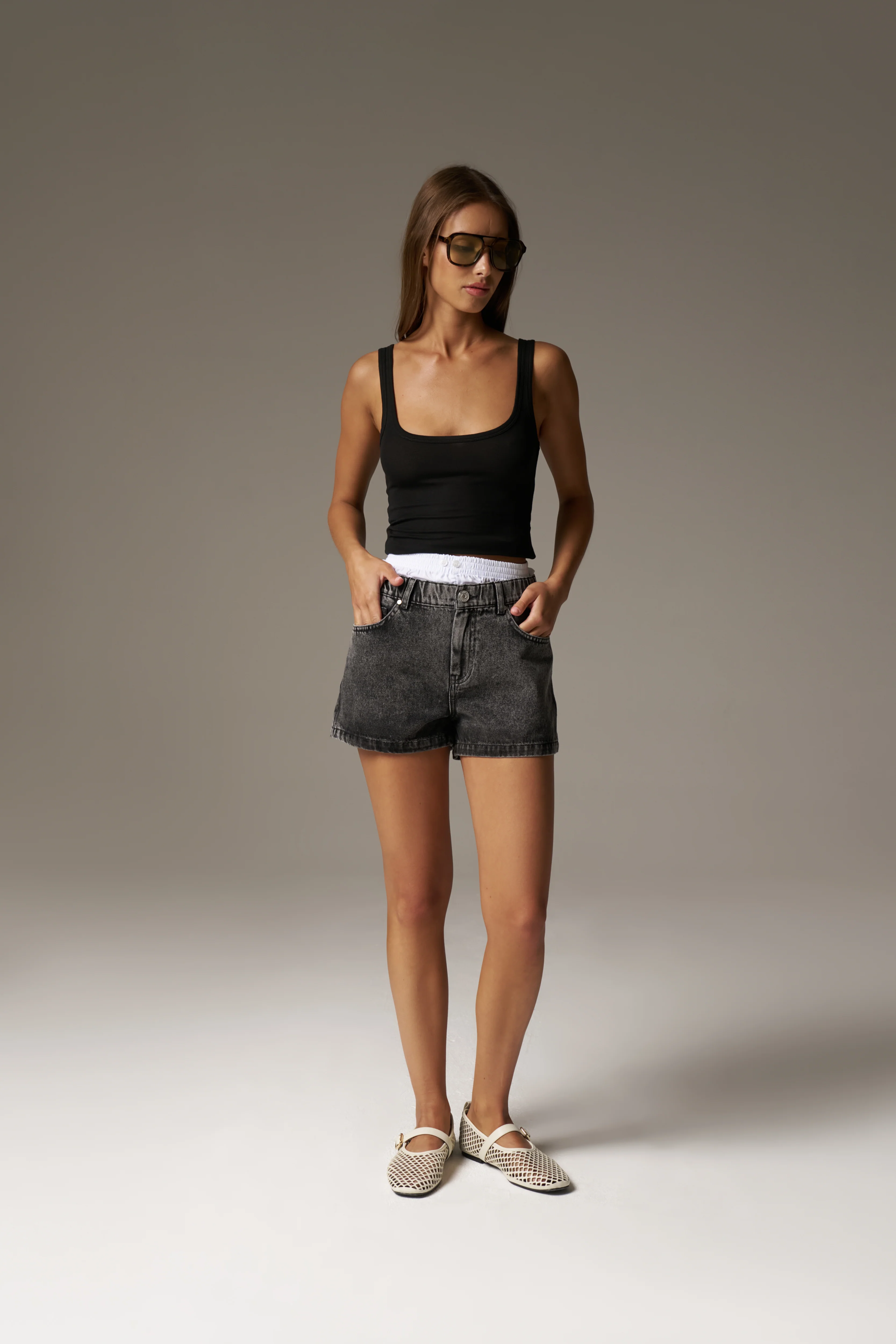 BOXER WAISTBAND DENIM SHORTS - BLACK WASH