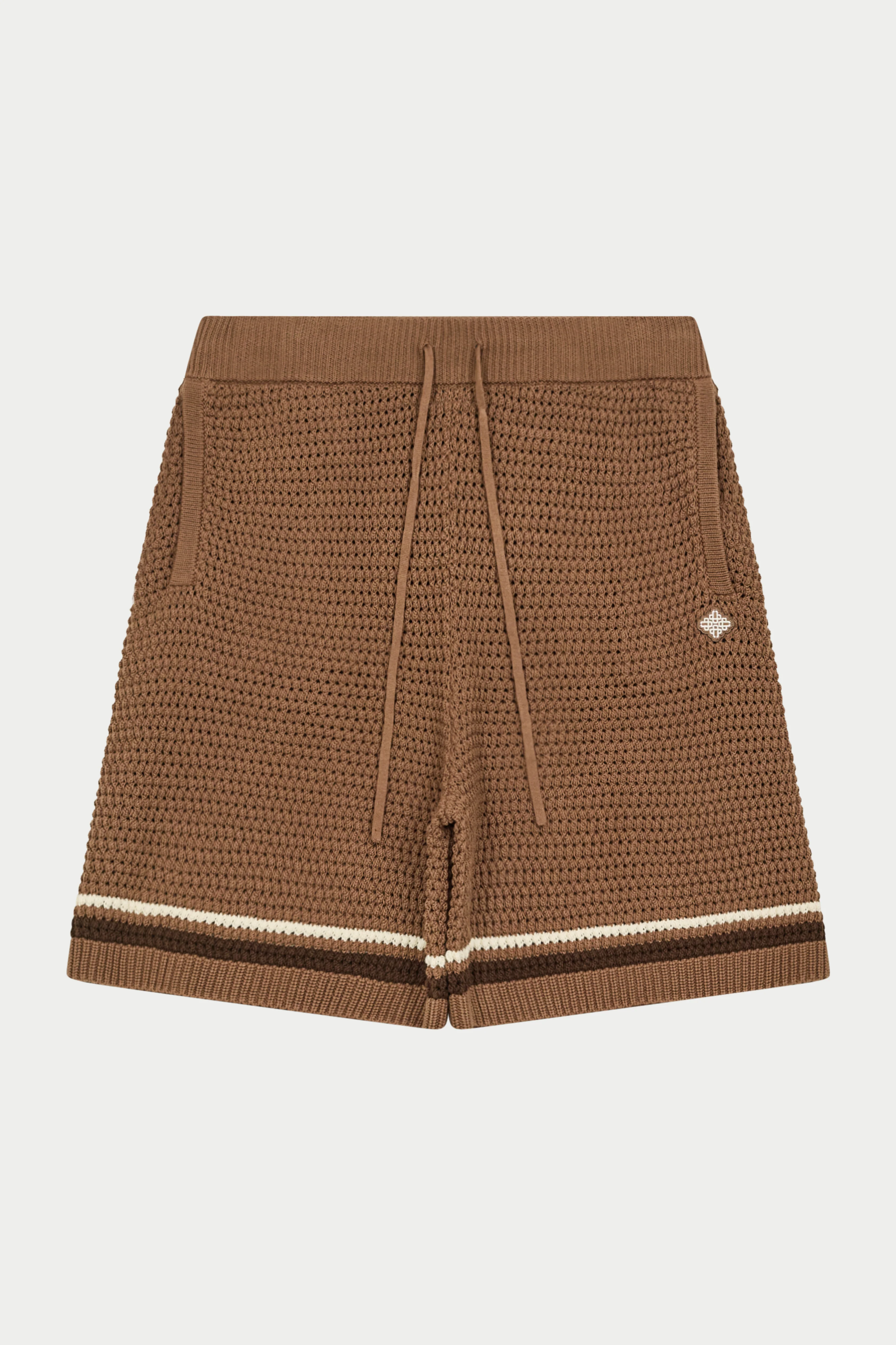 CROCHET KNITTED STRIPE SHORTS - BROWN
