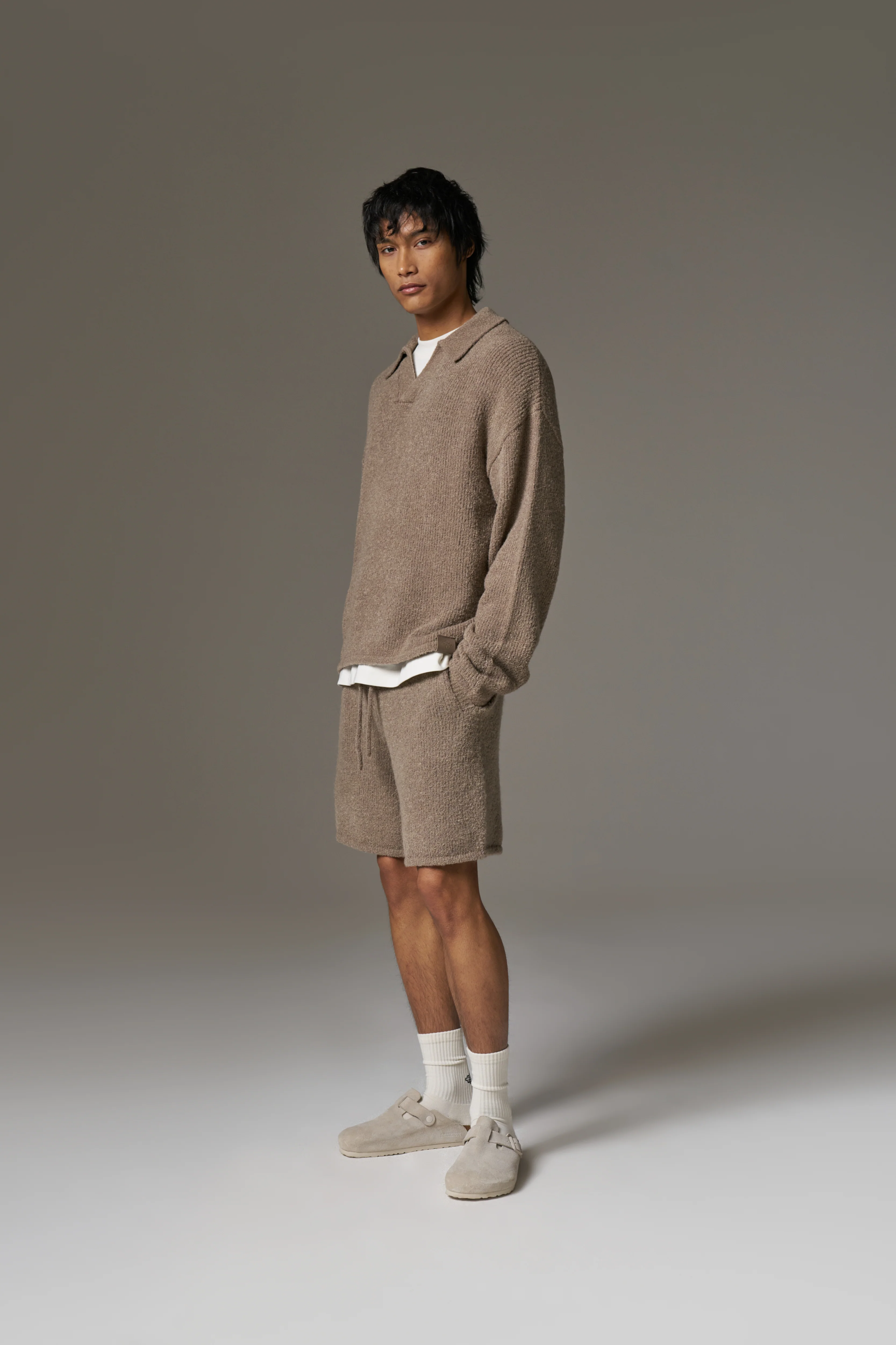 BOUCLE KNIT LONG SLEEVE POLO - BROWN