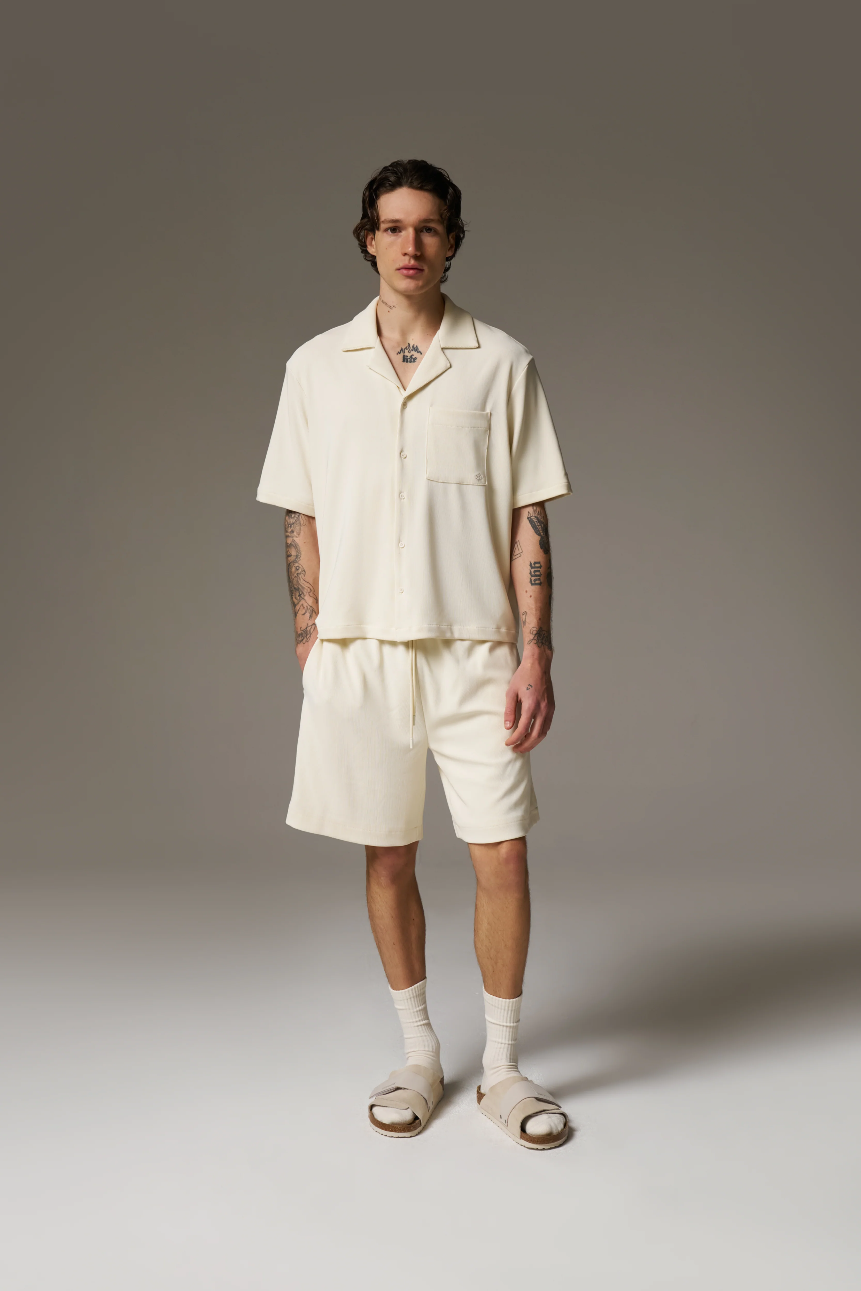 RIB BUTTON THROUGH SHIRT - OFF WHITE