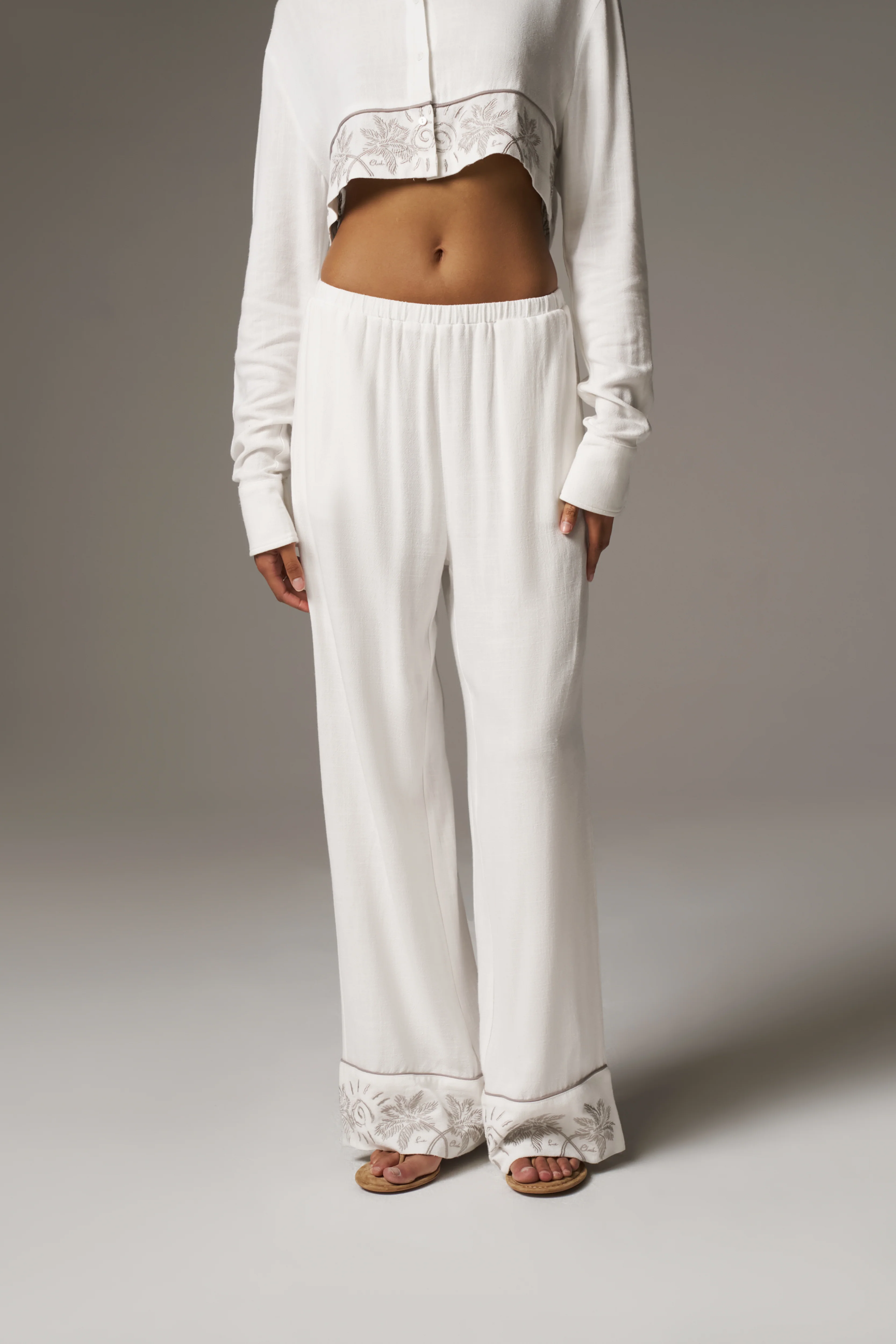 PALM EMBROIDERED WIDE LEG TROUSERS - OFF WHITE