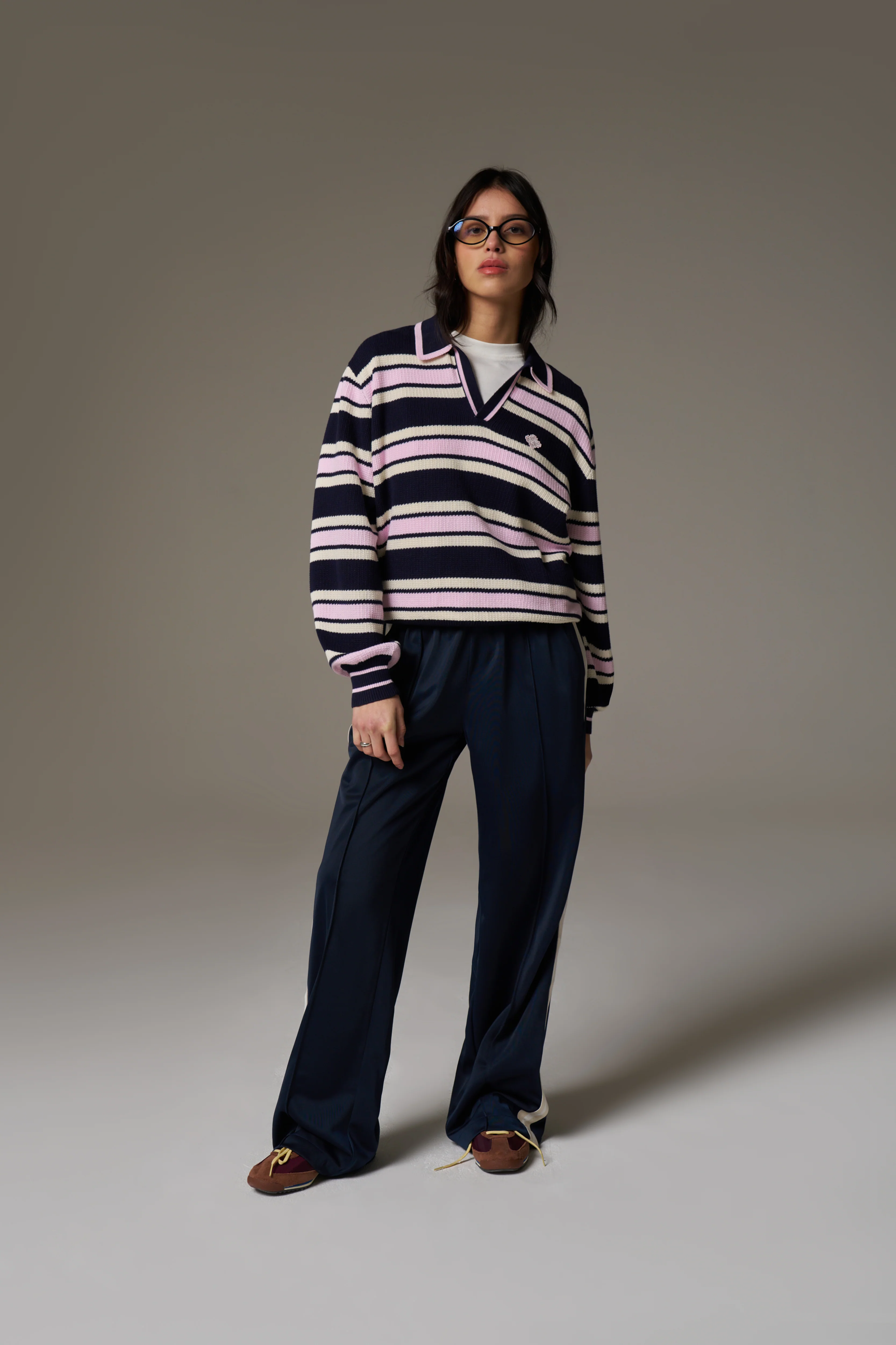 STRIPE KNITTED POLO SWEATSHIRT - NAVY
