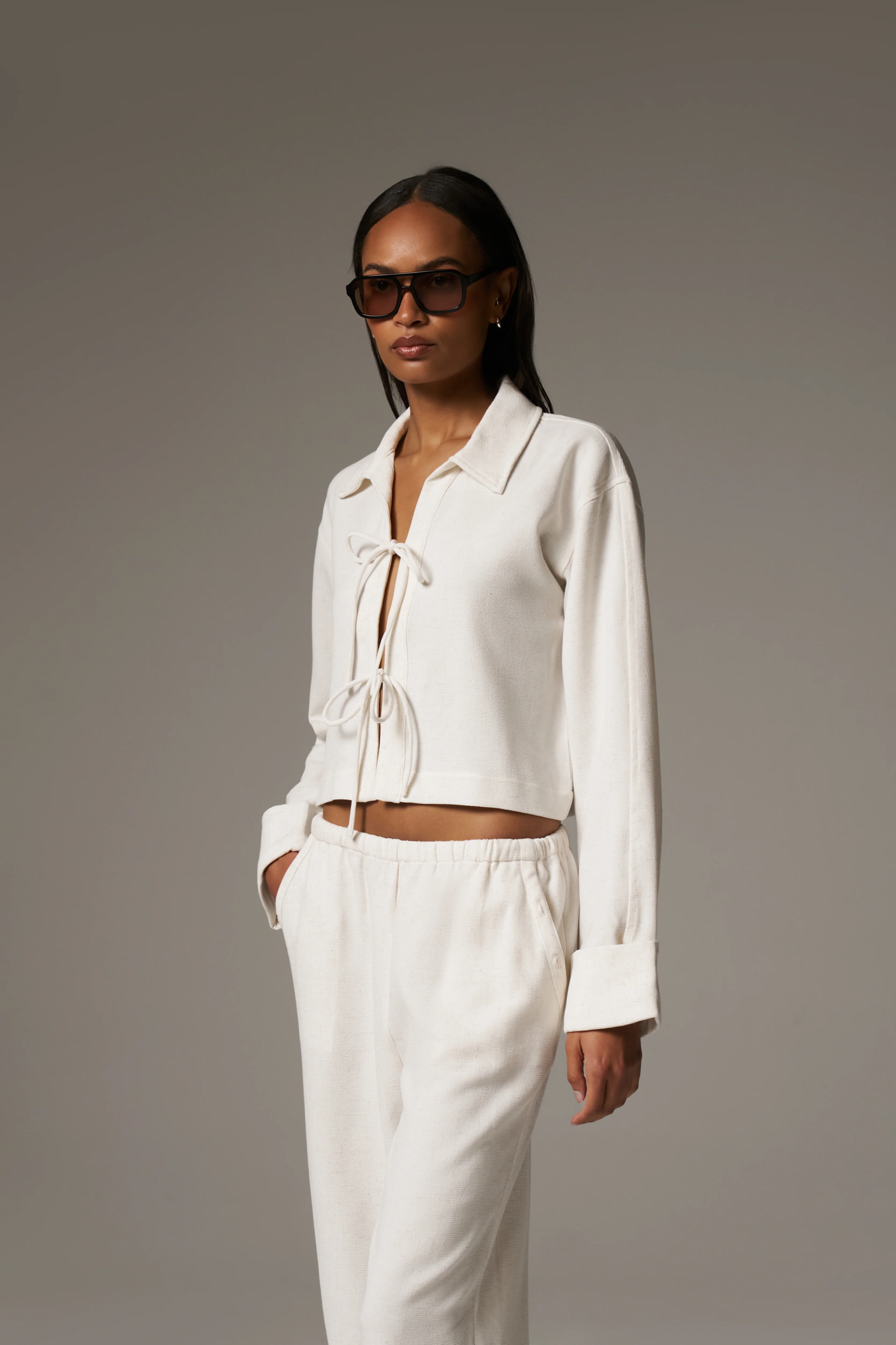 TEXTURED LINEN TIE FRONT SHIRT - BEIGE