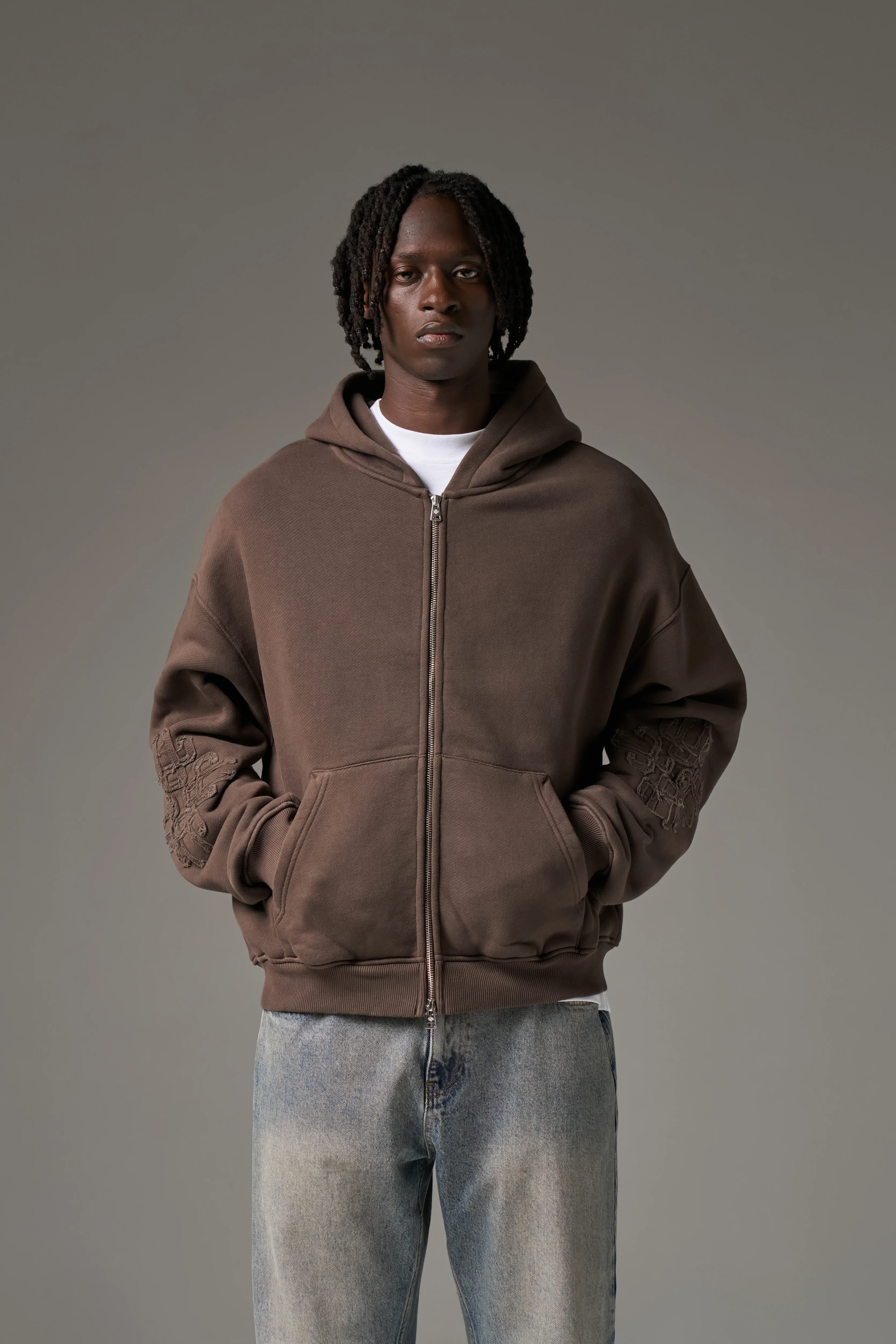 EMBLEM APPLIQUE ZIP THROUGH HOODIE - BROWN