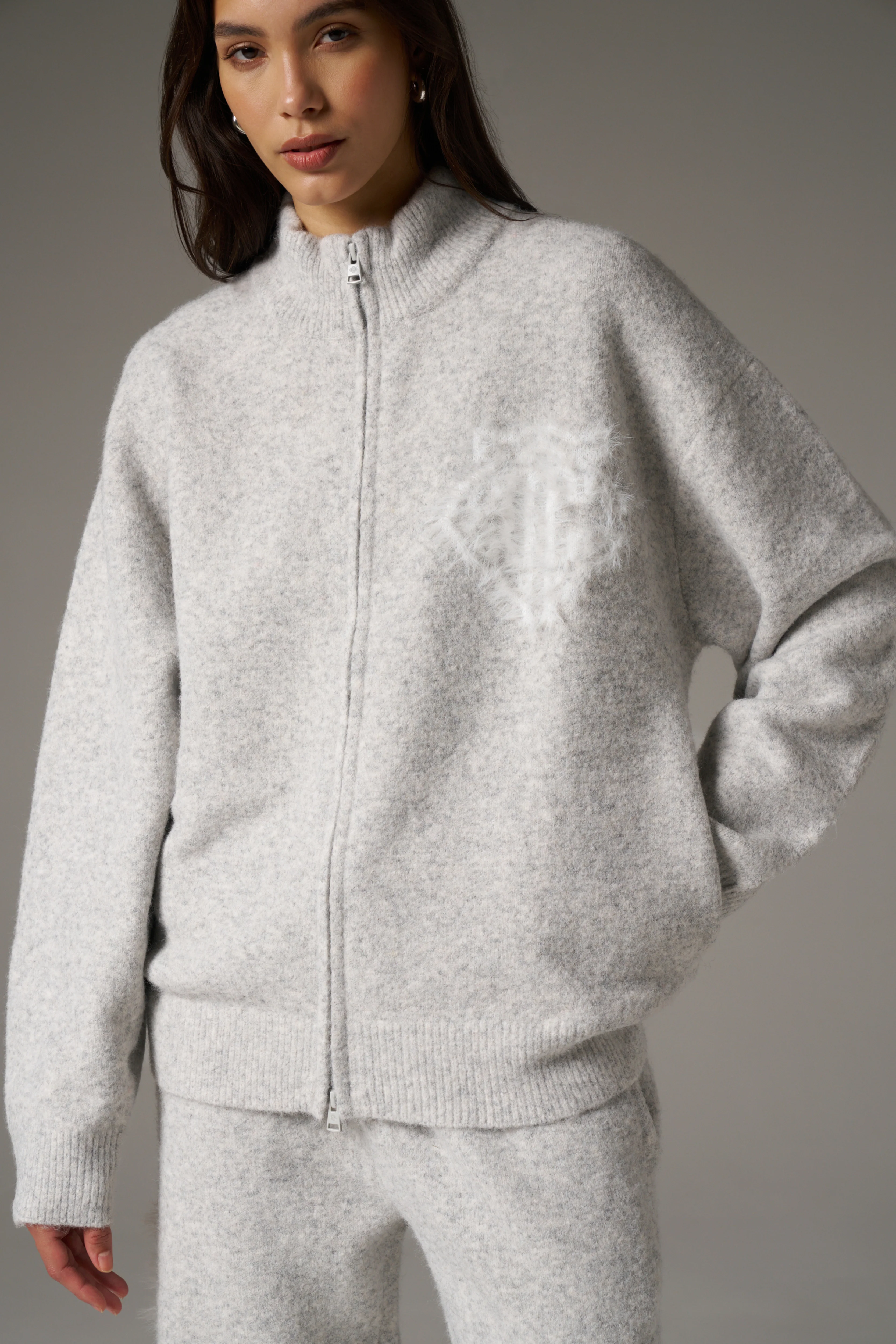 MONOGRAM EMBLEM FLUFFY KNIT ZIP THROUGH - GREY MARL