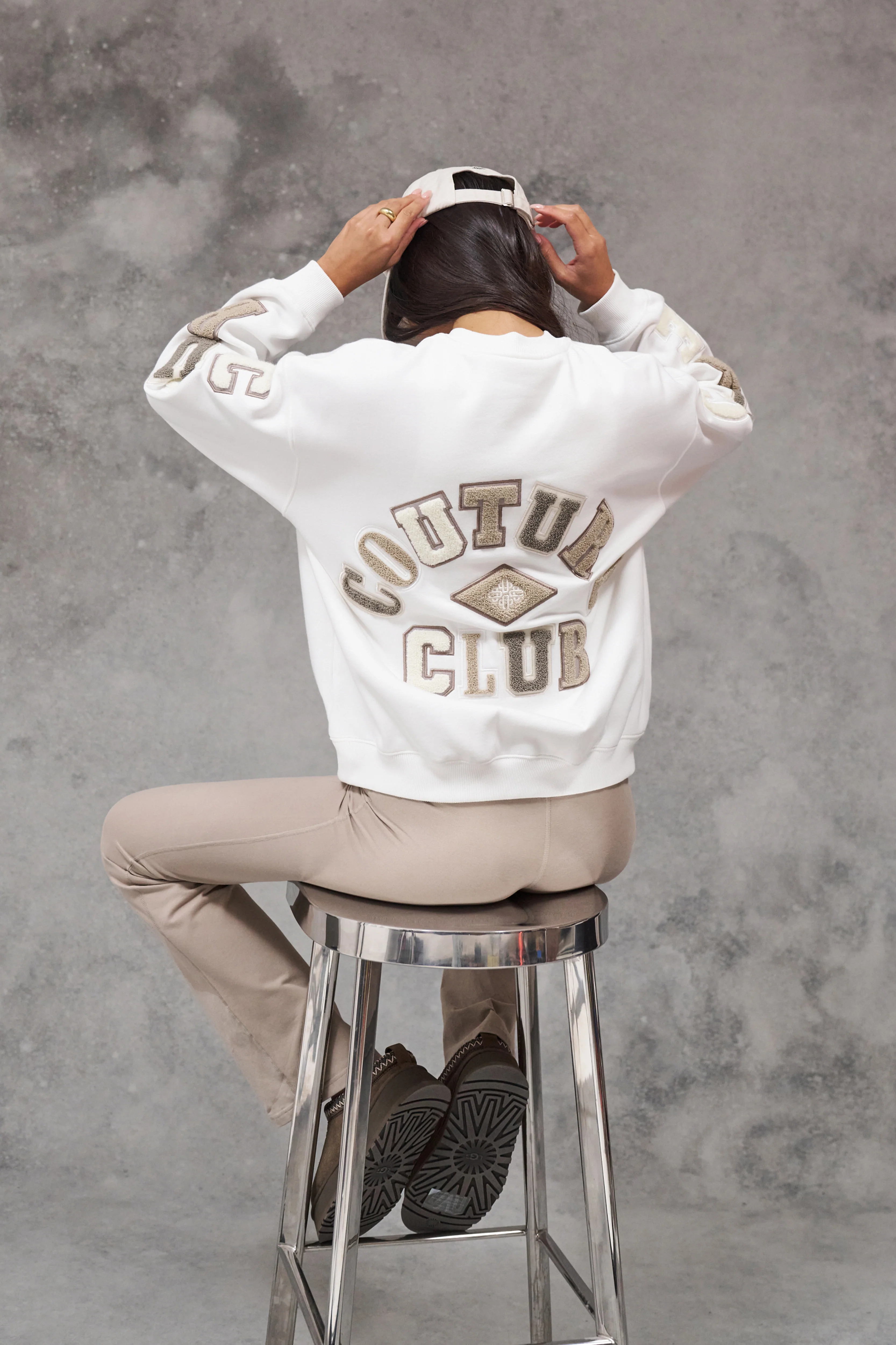 TONAL MULTIBADGED CHENILLE SWEATSHIRT - BEIGE