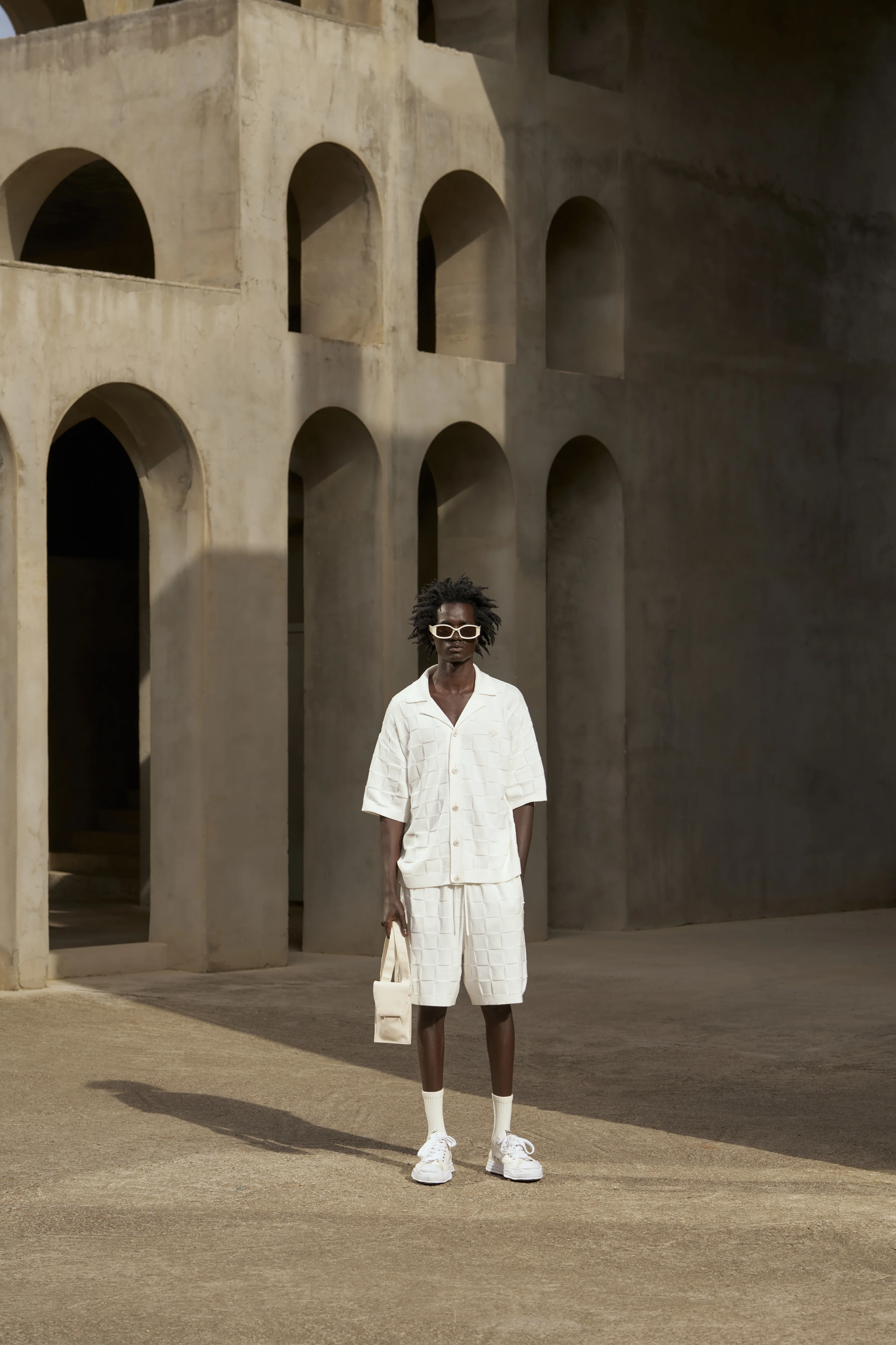 CHECKERBOARD KNITTED SHORT - OFF WHITE