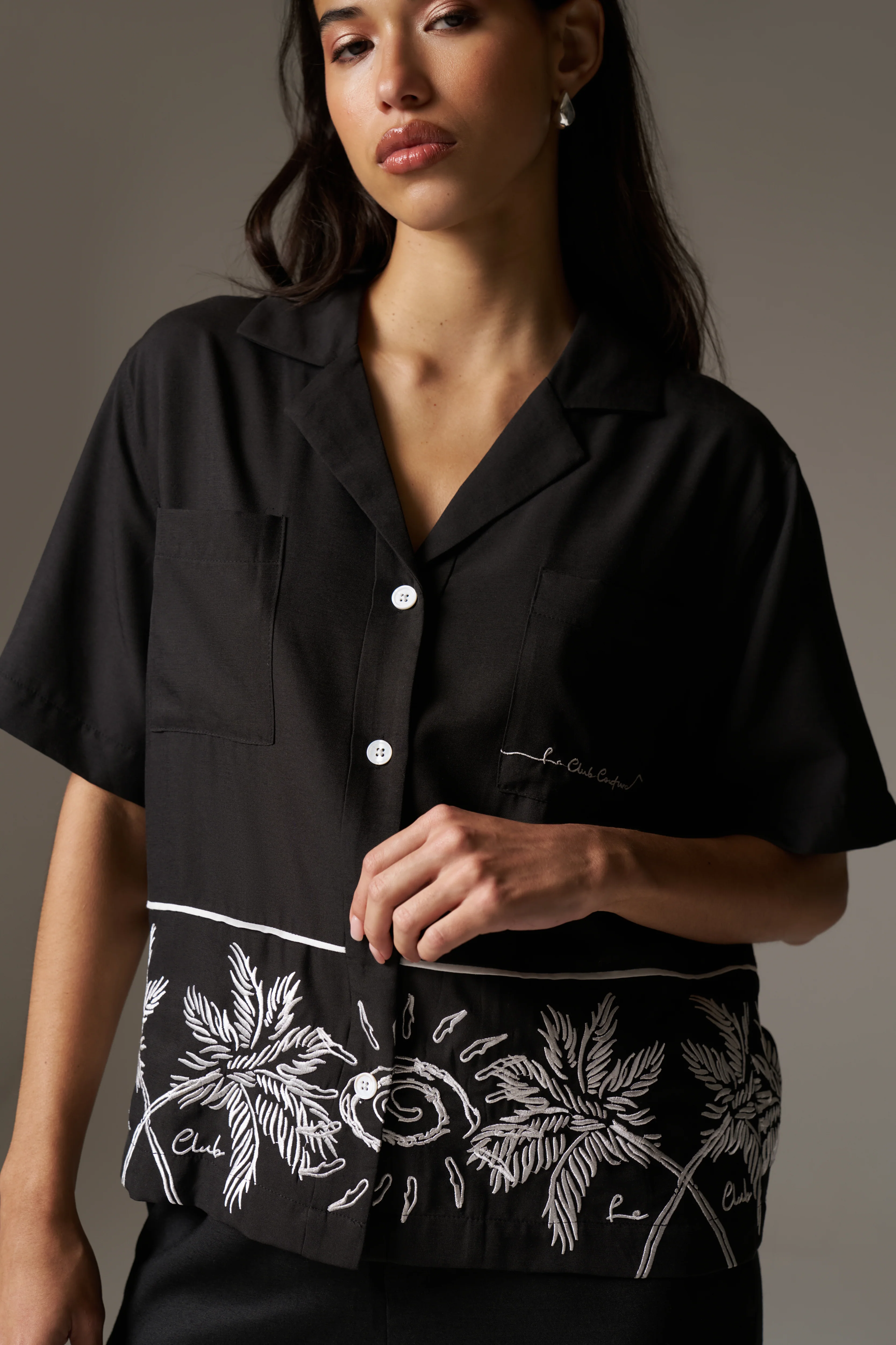 PALM EMBROIDERY SHIRT - BLACK