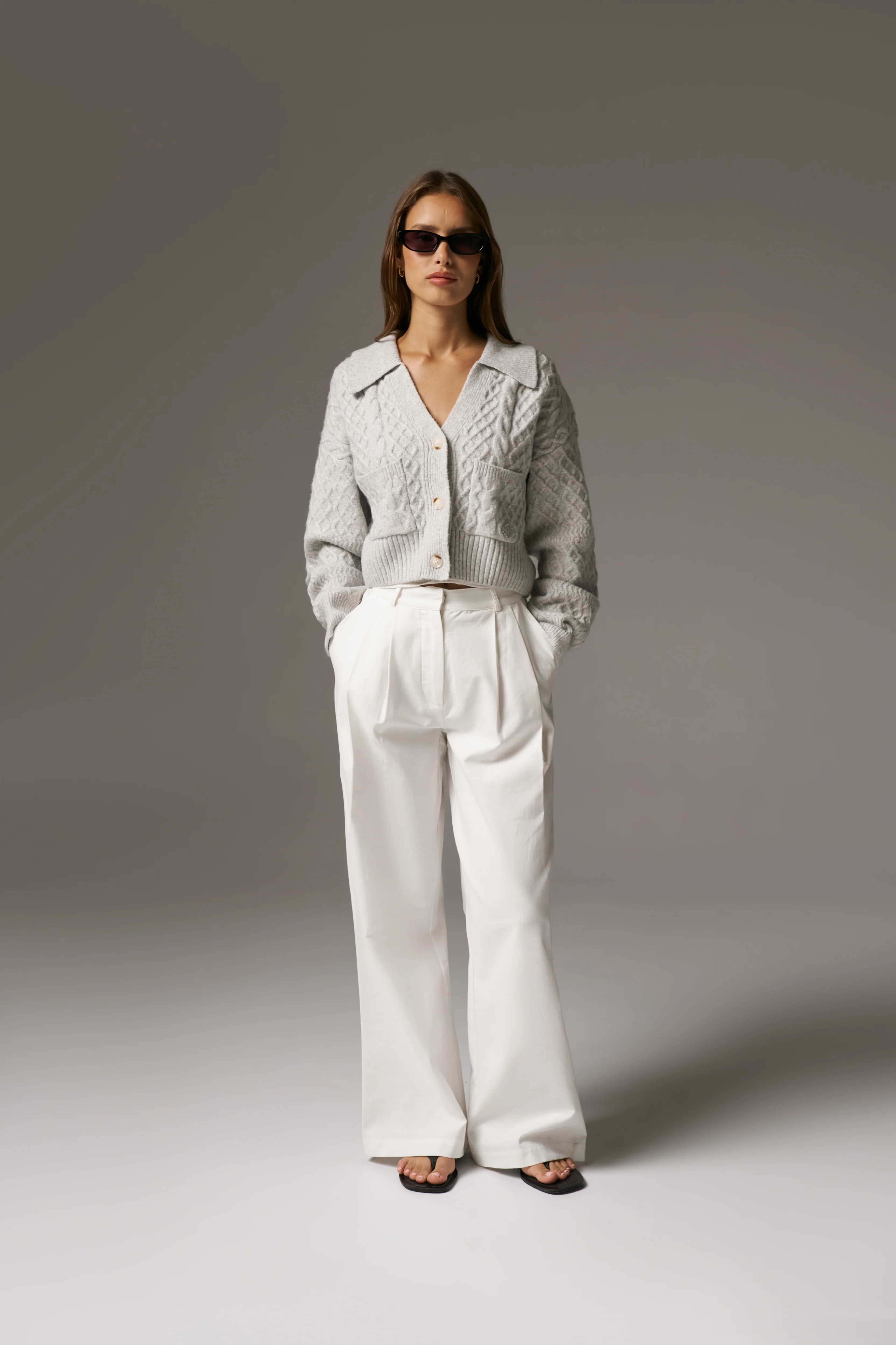 CABLE KNIT CARDIGAN - GREY MARL