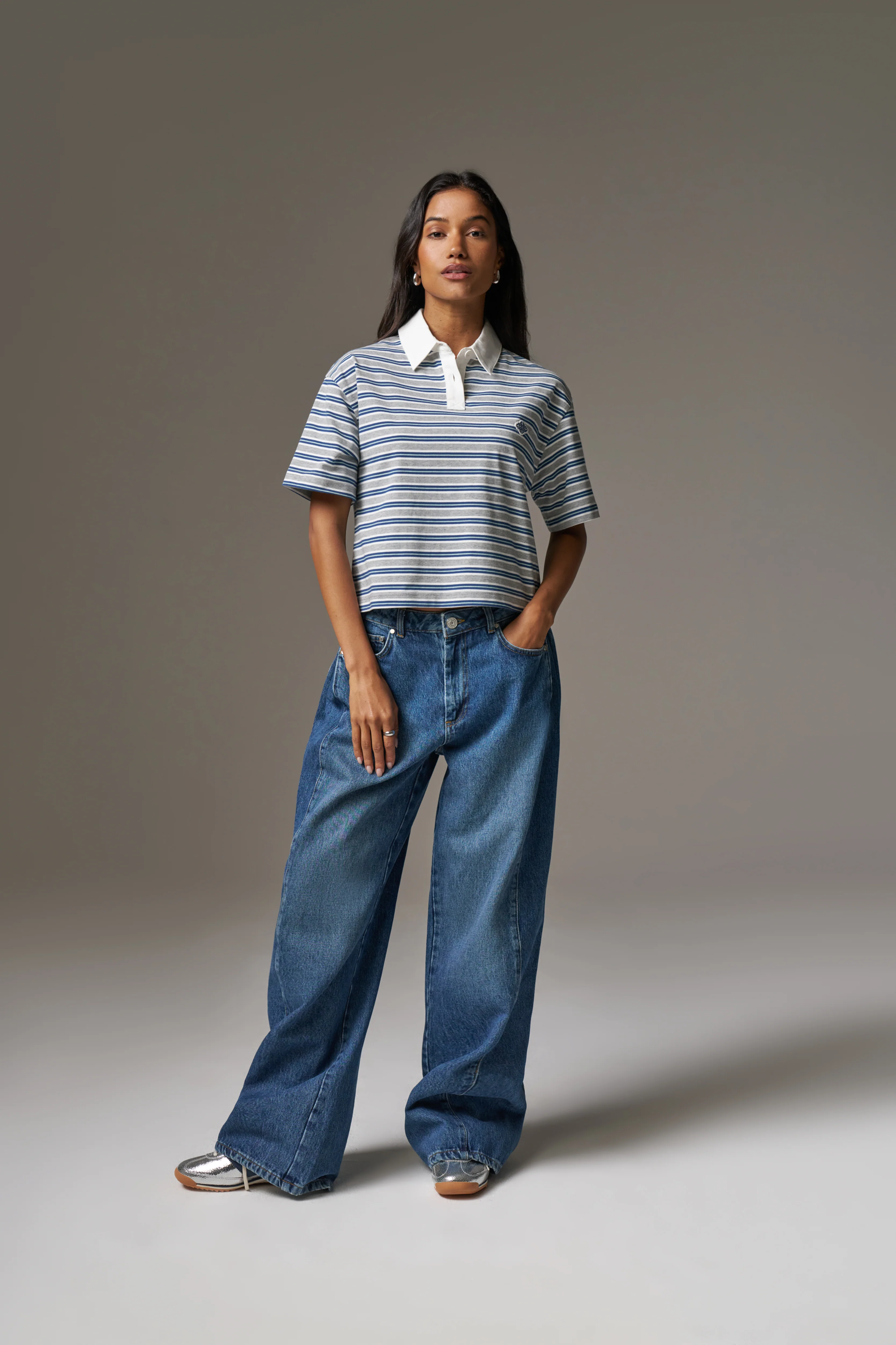 STRIPED POLO TEE - GREY