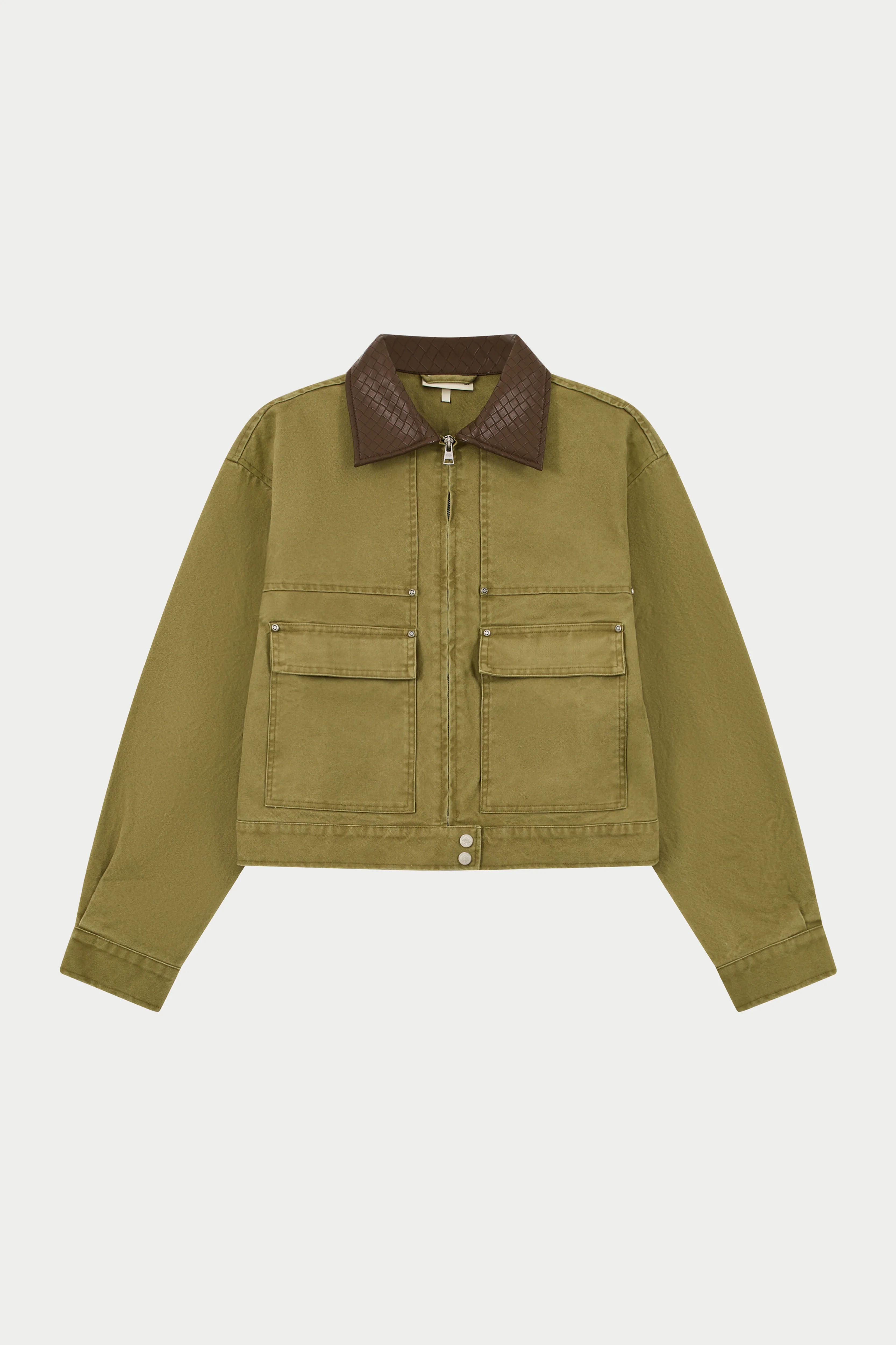WASHED CONTRAST COLLAR TRUCKER JACKET - KHAKI