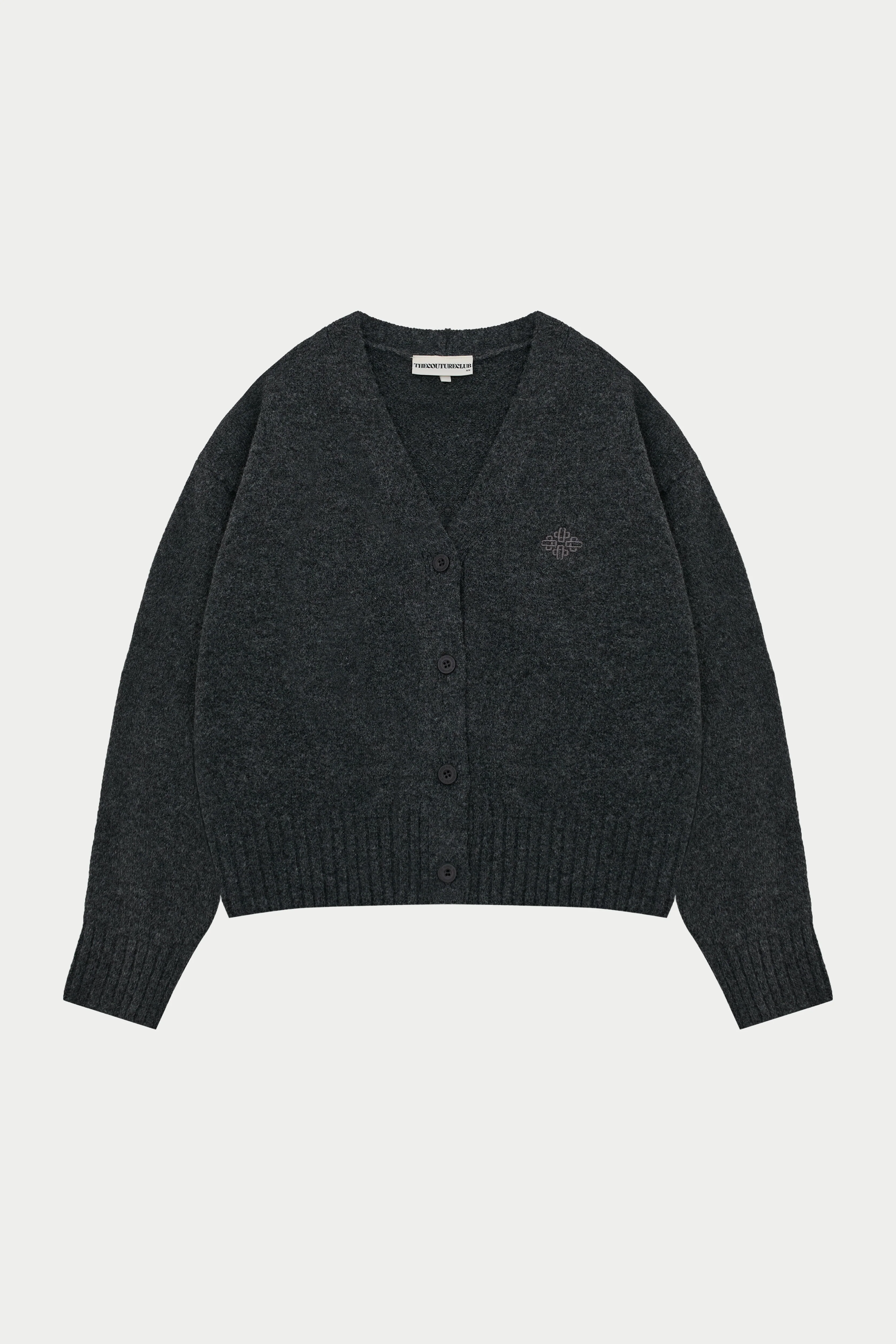 FLUFFY KNIT EMBLEM EMBROIDERED CARDIGAN - CHARCOAL