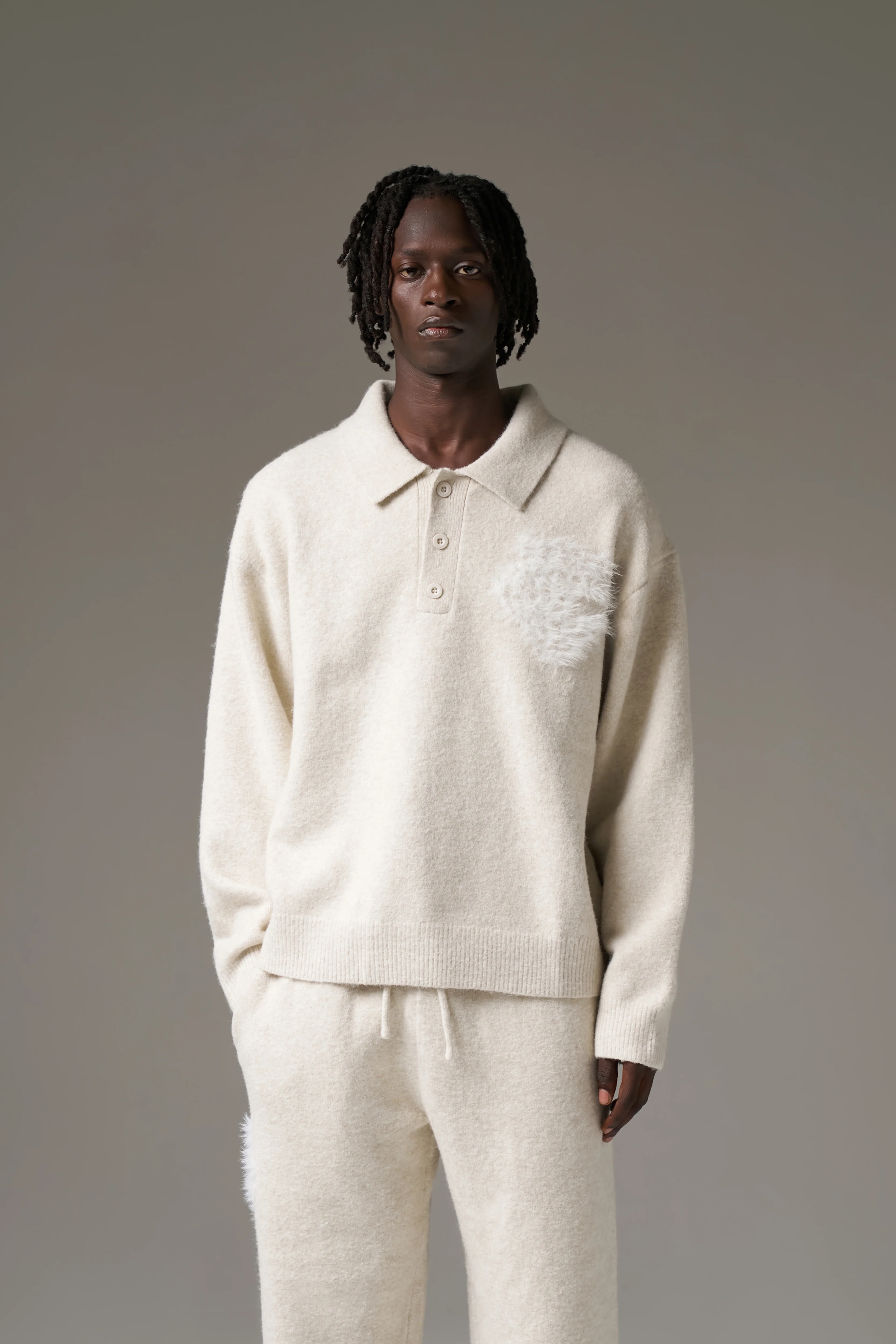 MONOGRAM EMBLEM FLUFFY KNIT POLO - BEIGE