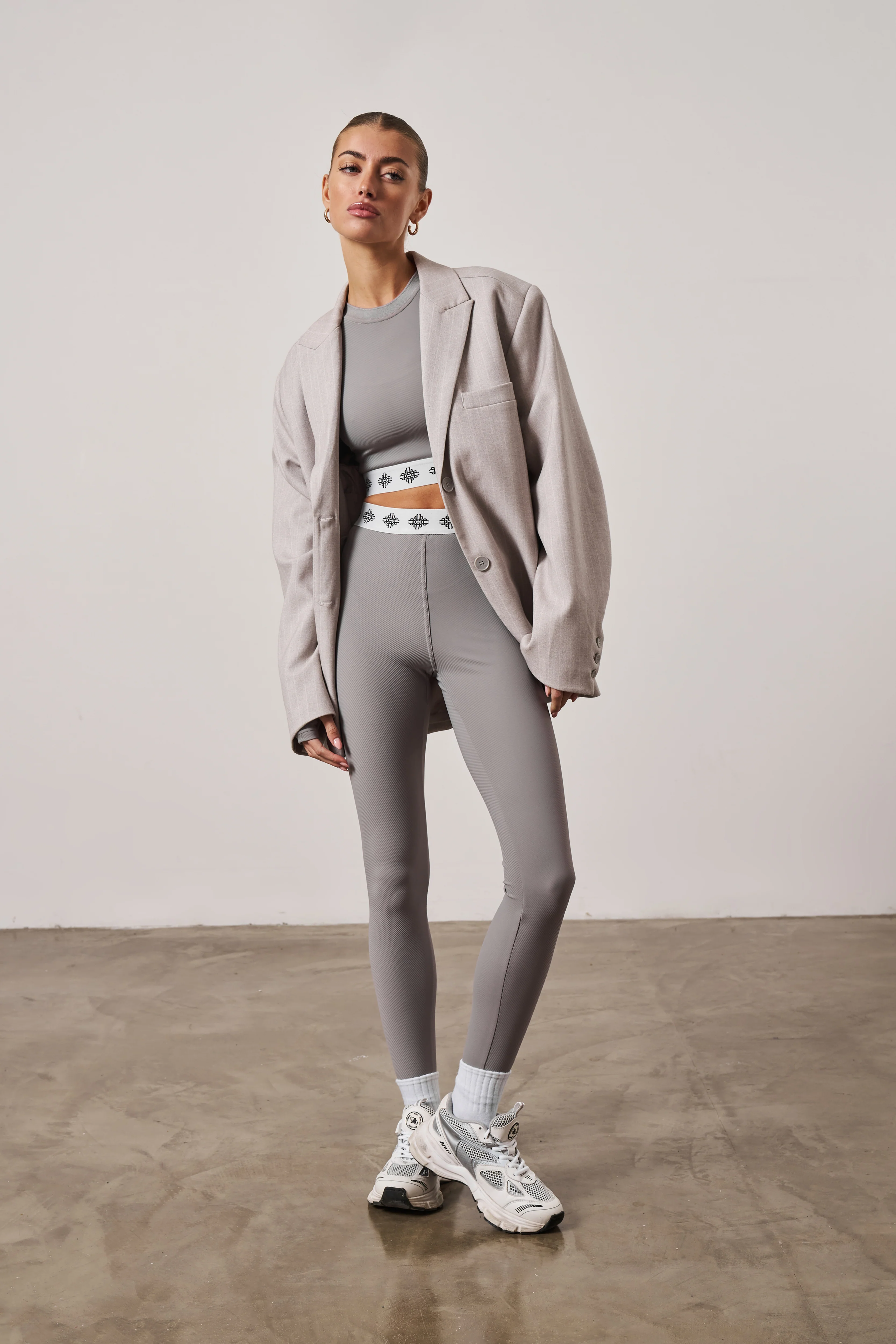 BRANDED WAISTBAND RIBBED LEGGINGS - GREY