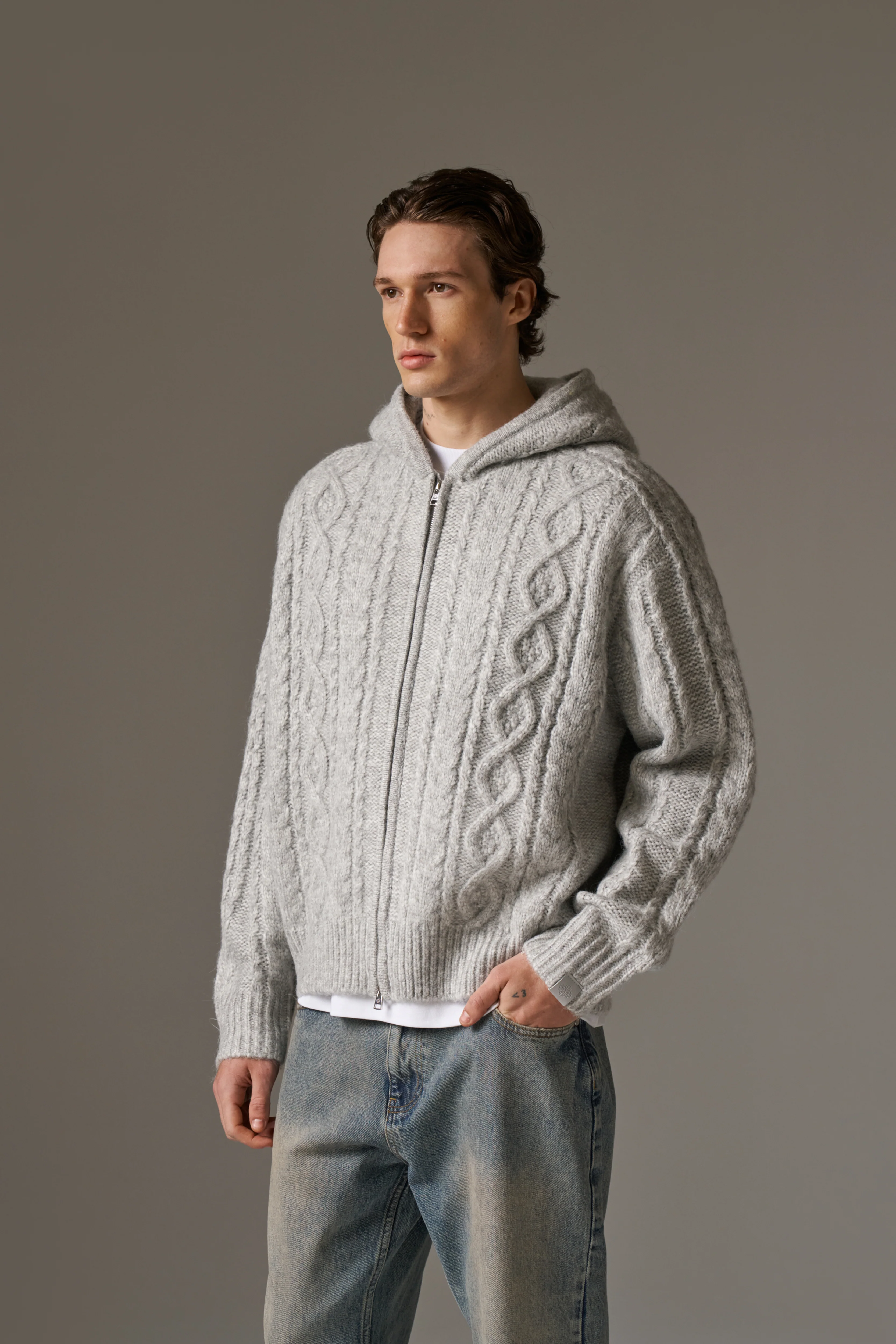 CABLE KNIT ZIP THROUGH HOODIE - GREY