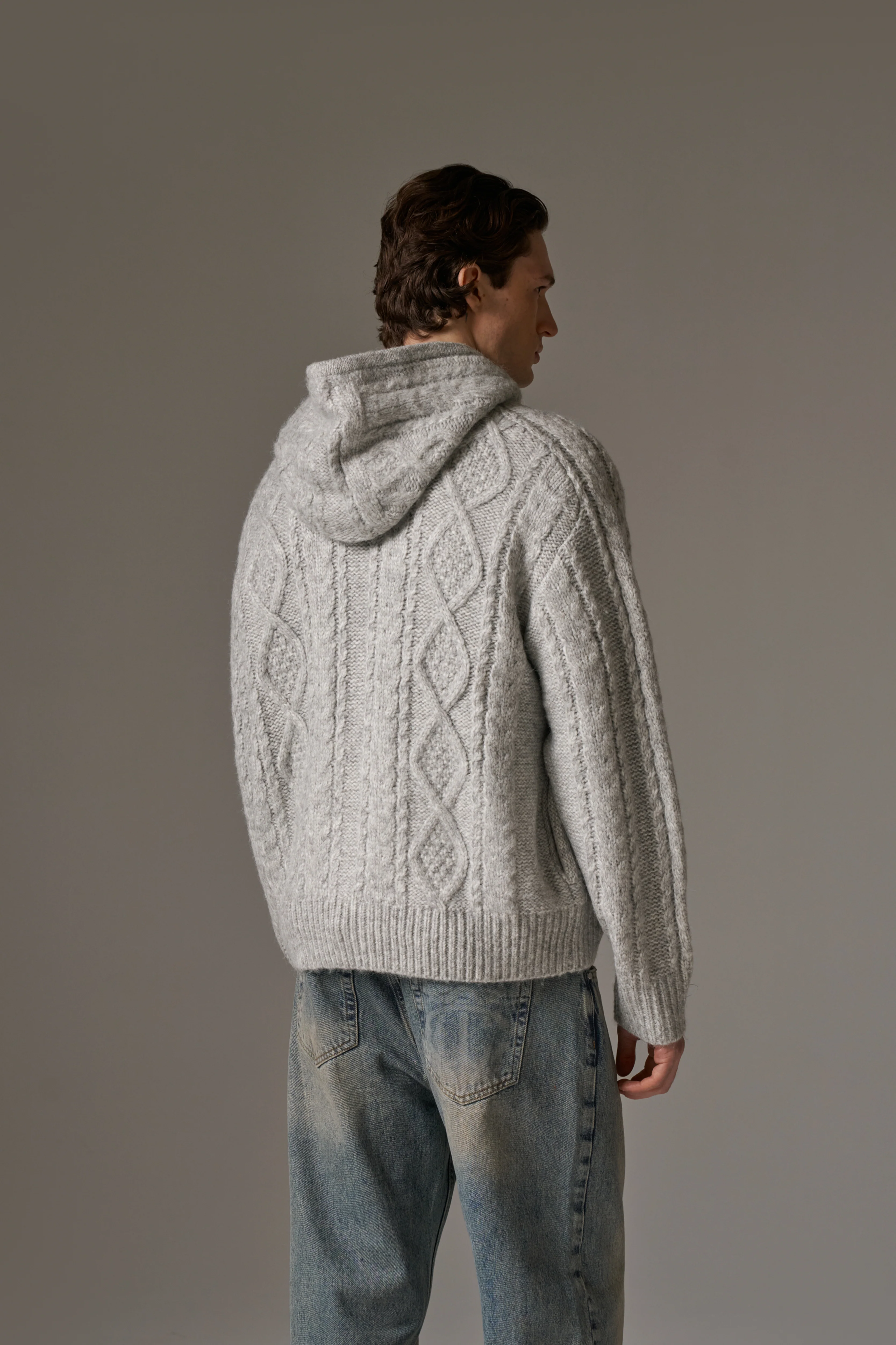 CABLE KNIT ZIP THROUGH HOODIE - GREY