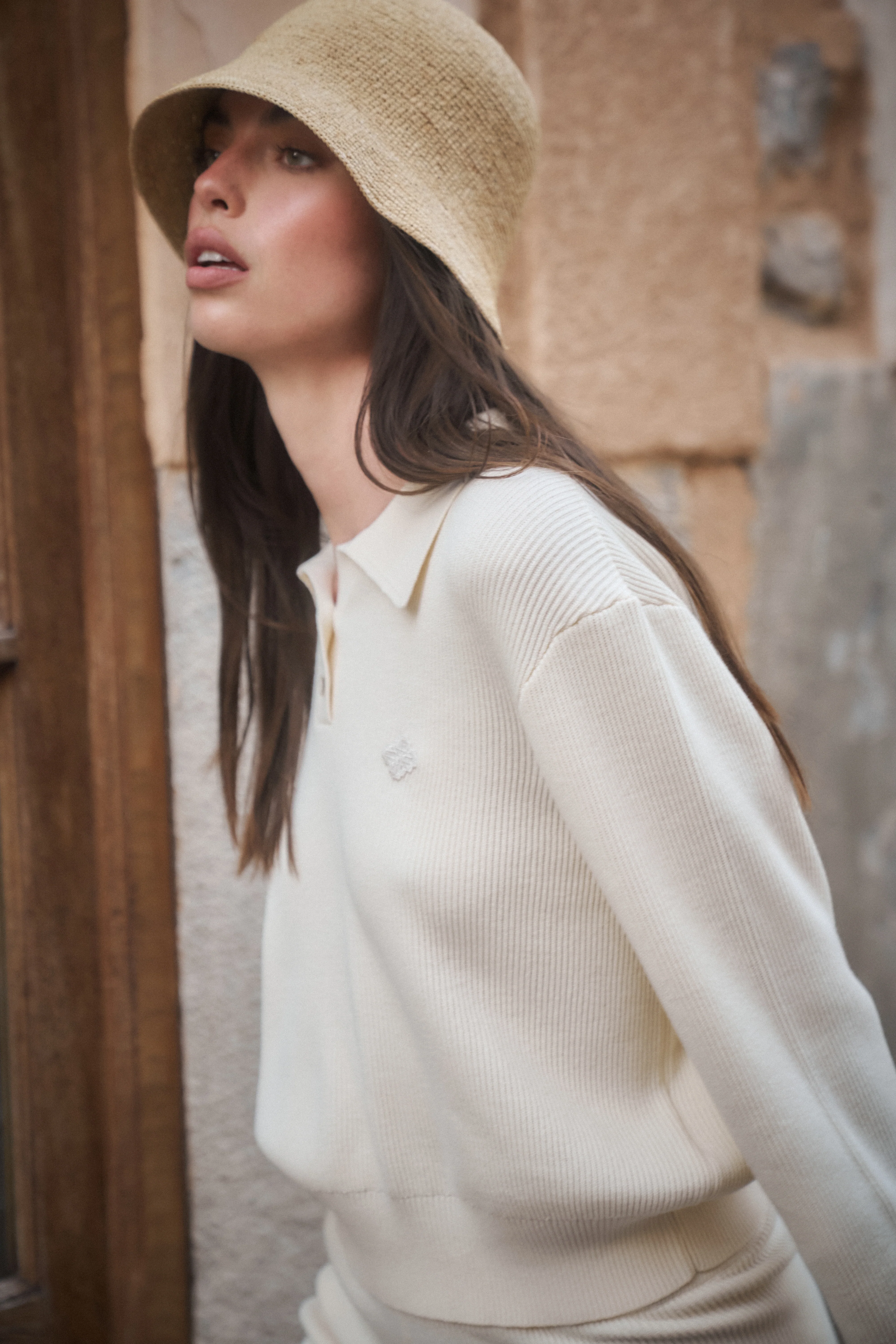 KNITTED BUTTON THROUGH POLO - BUTTERMILK