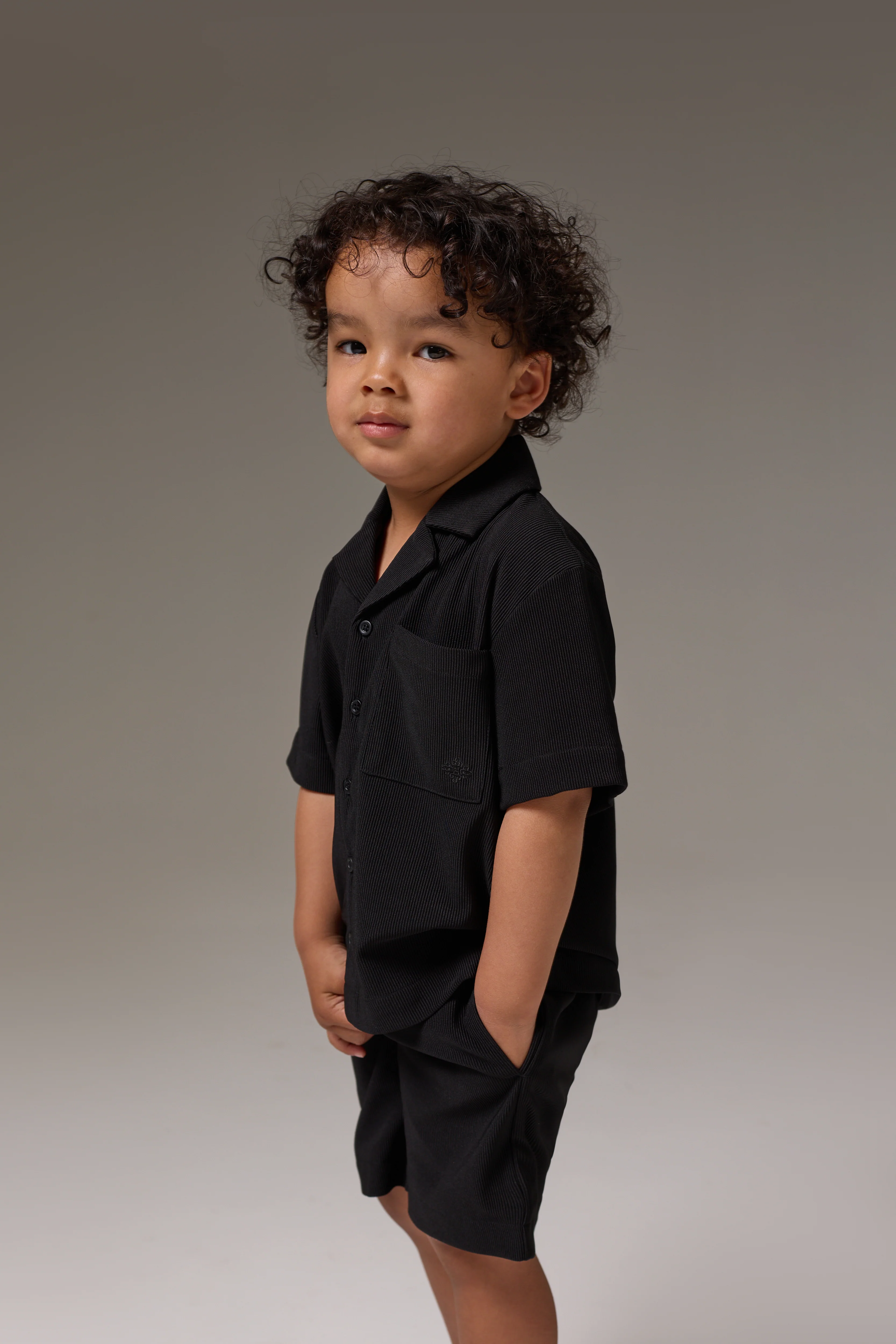 KIDS RIB BUTTON THROUGH SHIRT - BLACK
