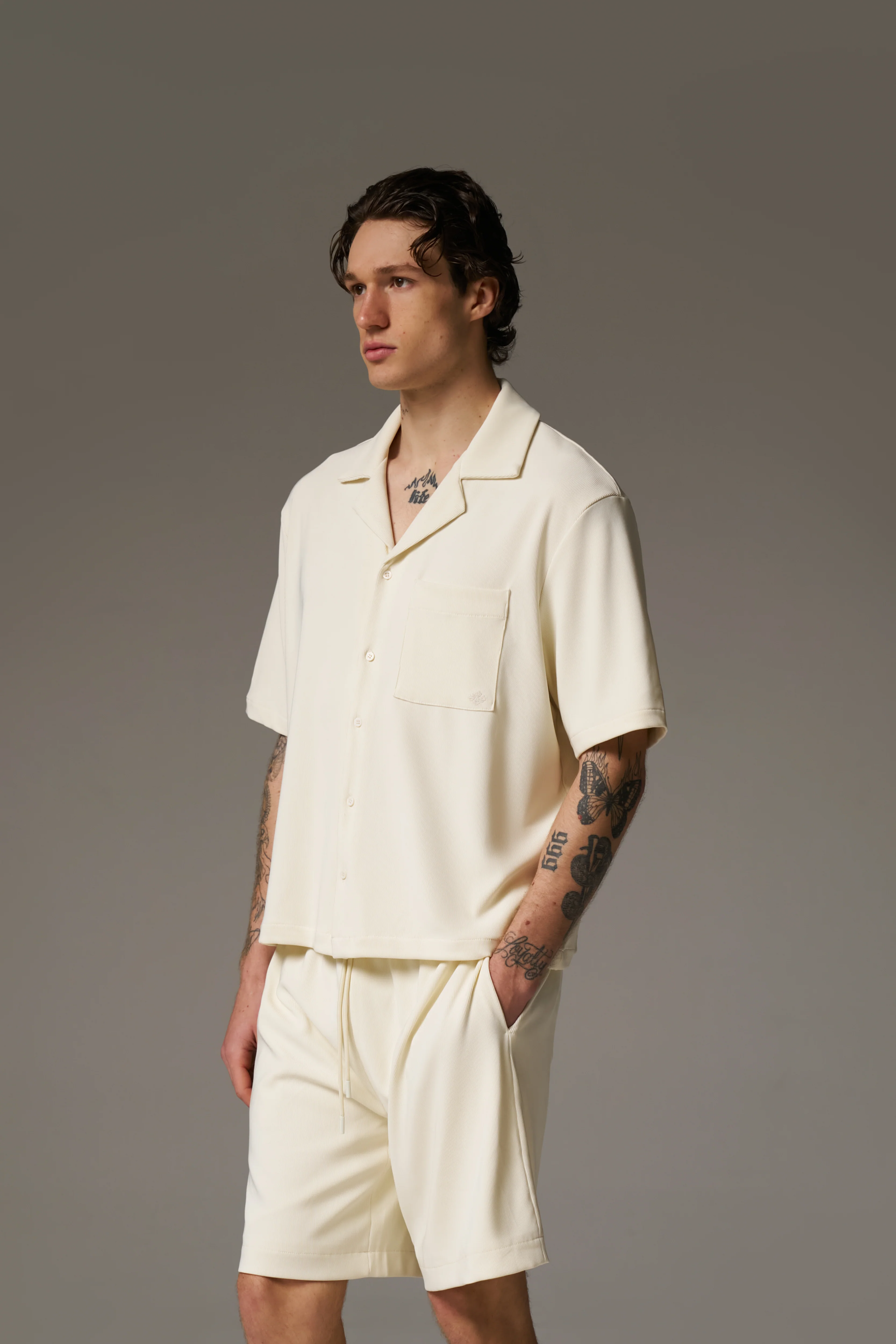 RIB BUTTON THROUGH SHIRT - OFF WHITE