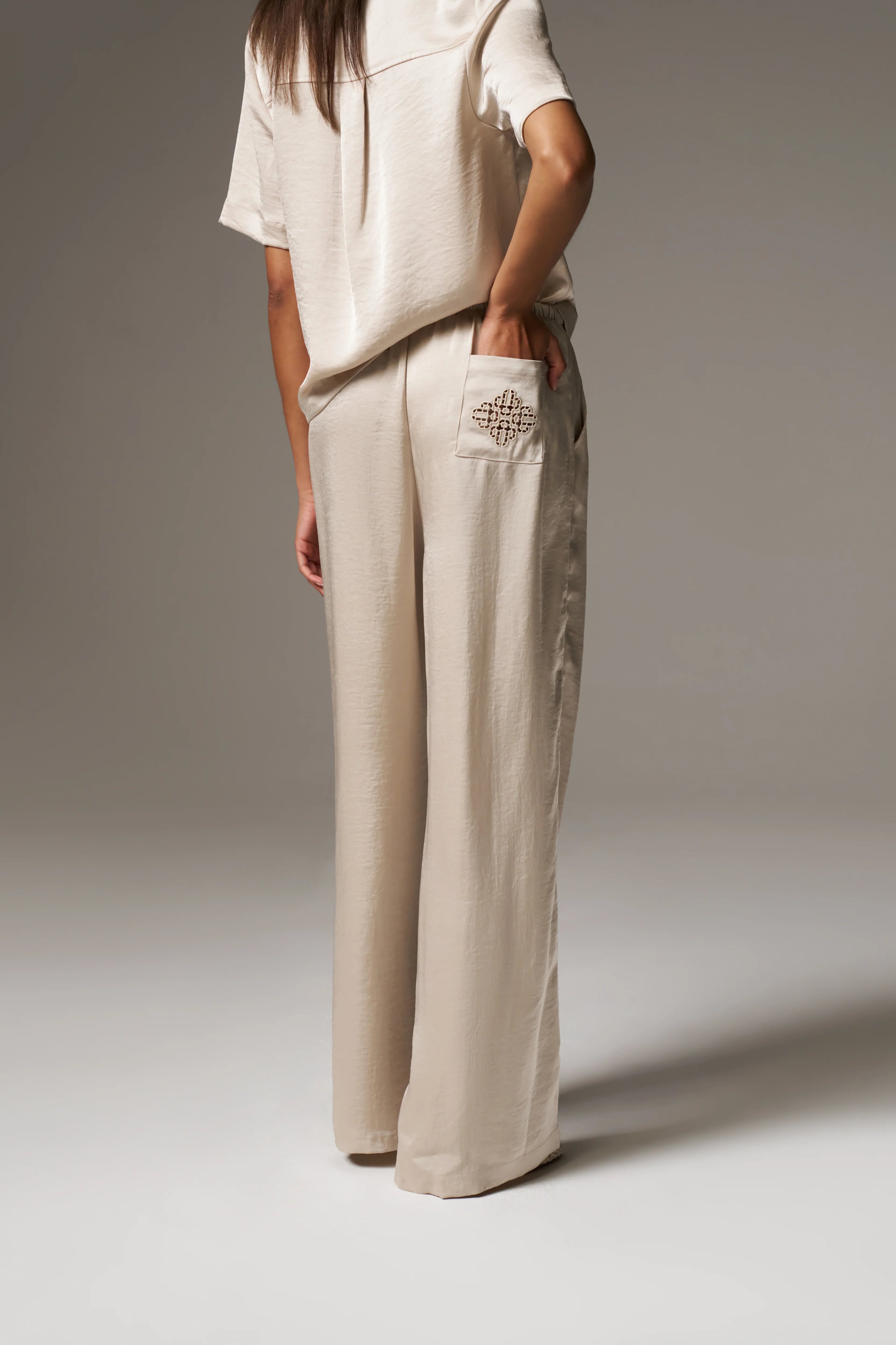 SATIN WIDE LEG EMBLEM TROUSERS - BEIGE
