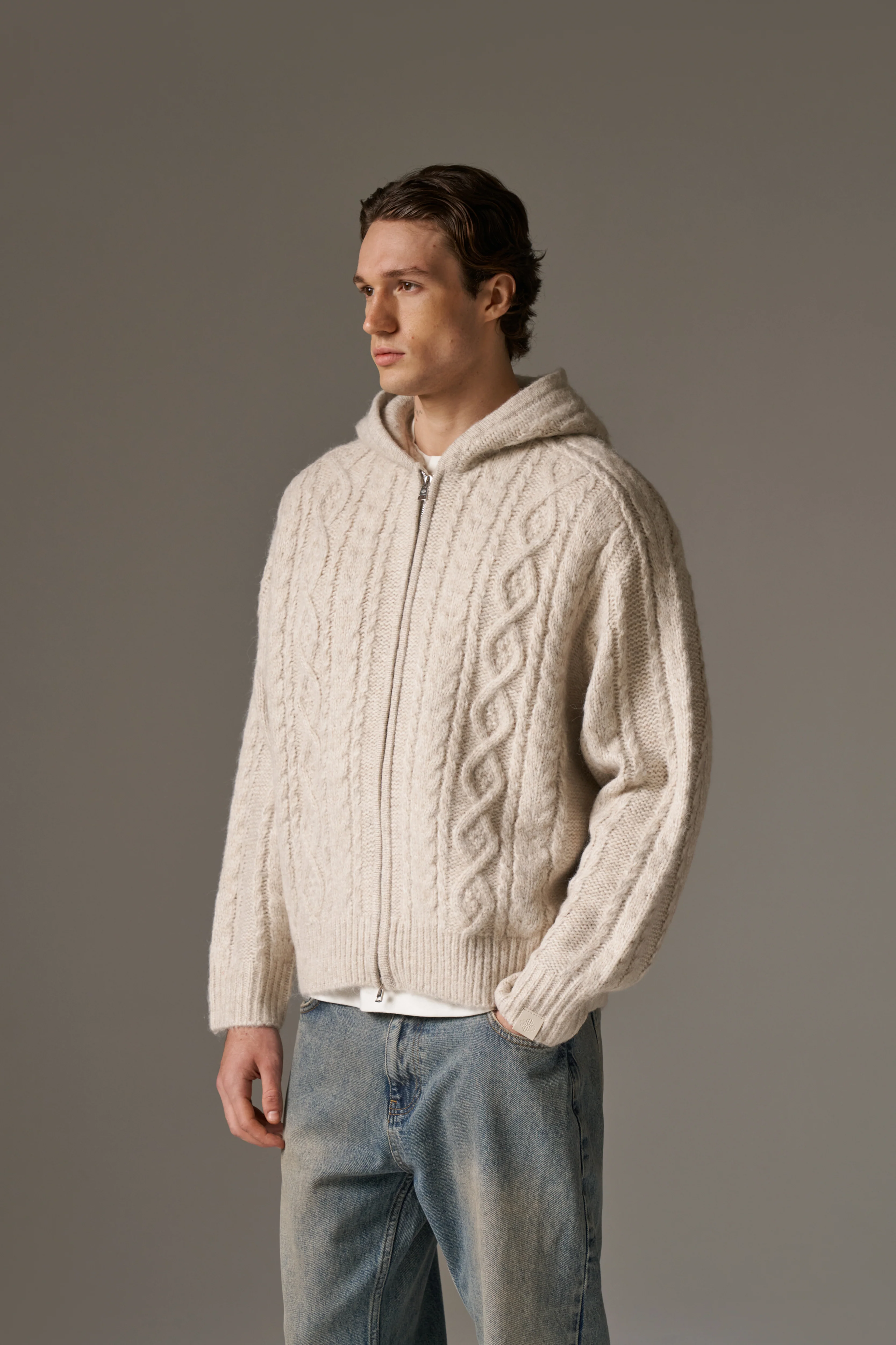 CABLE KNIT ZIP THROUGH HOODIE - STONE