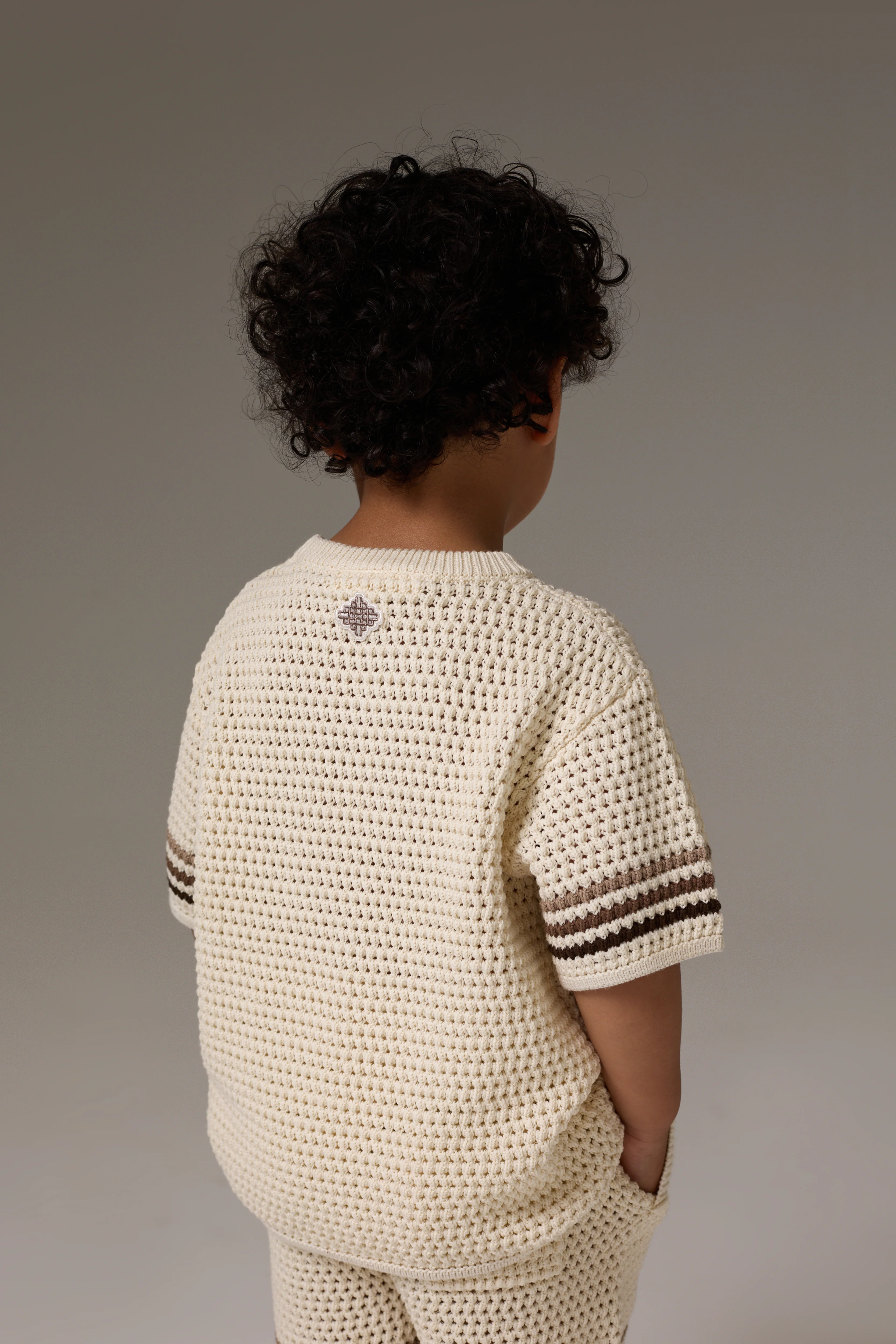 KIDS STRIPE CROCHET KNIT T-SHIRT - OFF WHITE