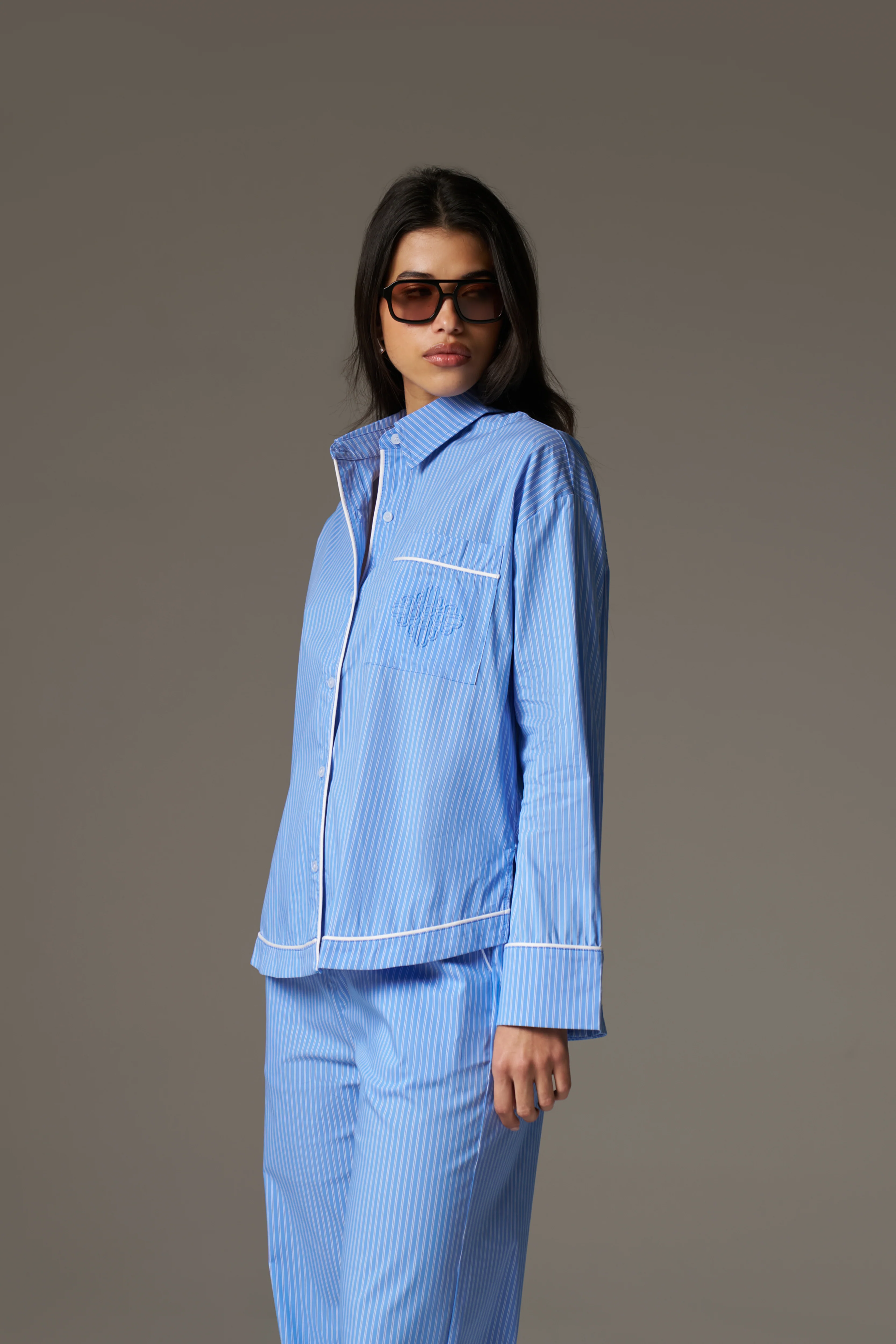 STRIPE PIPED EMBLEM SHIRT - BLUE