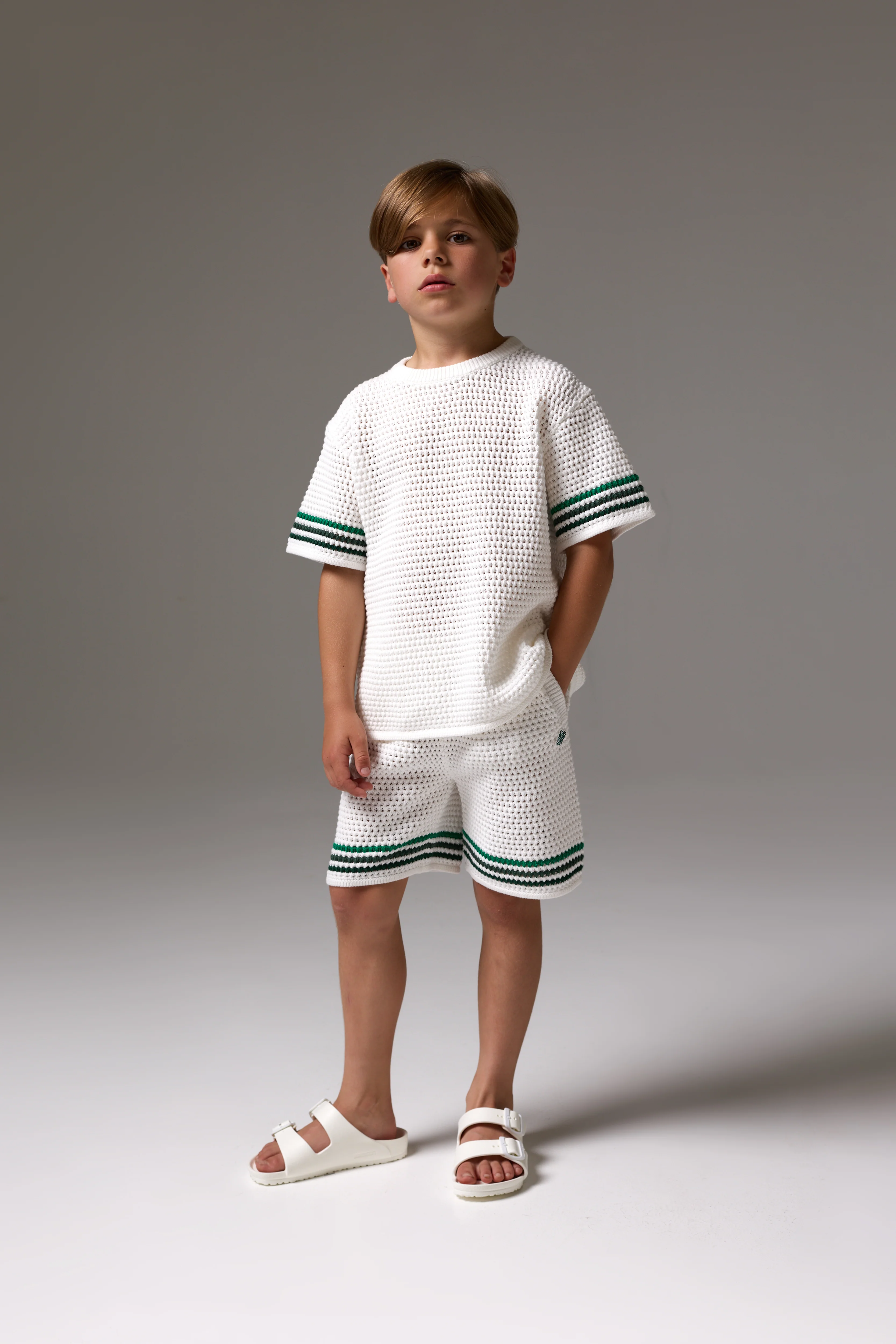 JUNIOR STRIPE CROCHET KNIT T-SHIRT - WHITE
