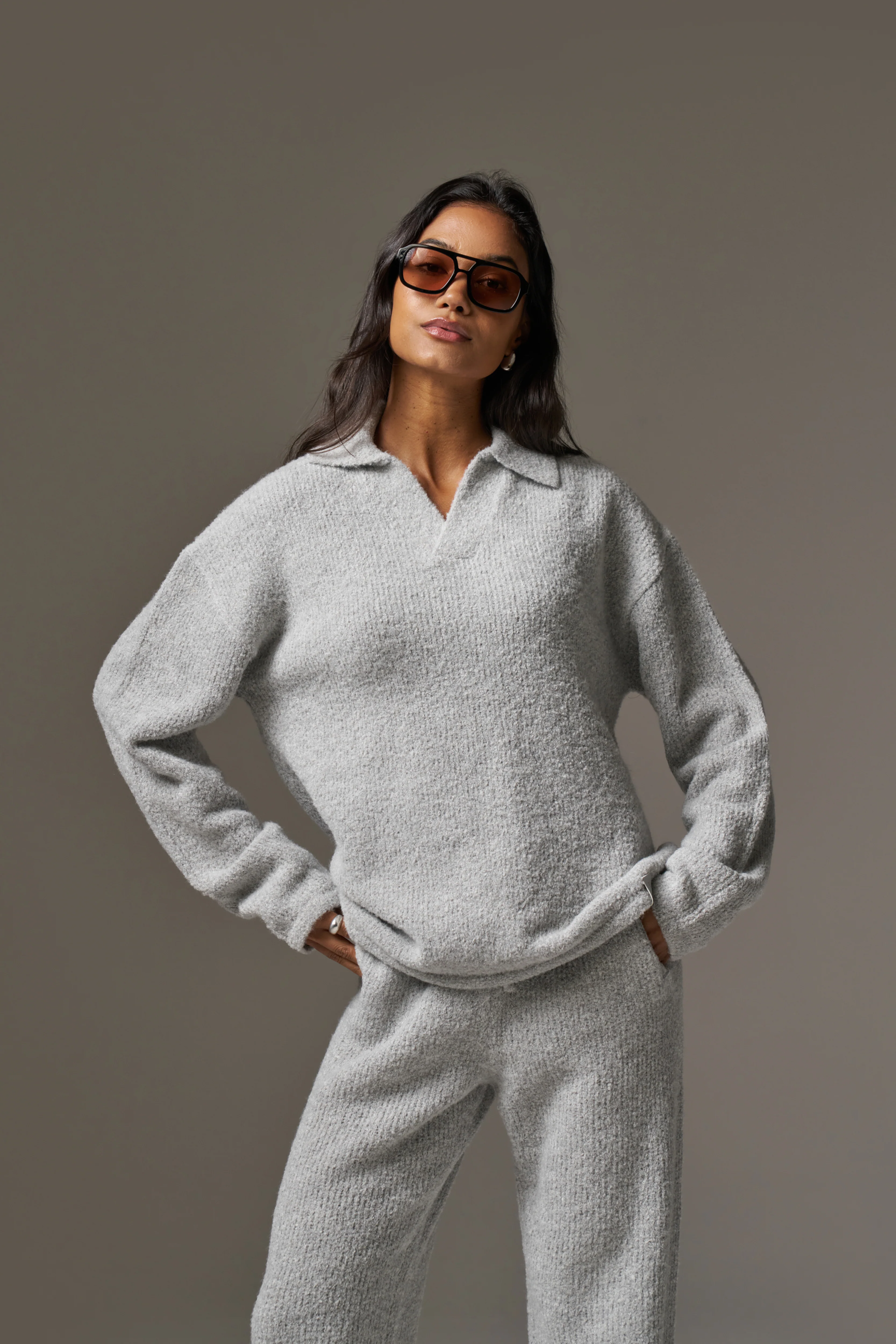 BOUCLE KNIT LONG SLEEVE POLO - GREY MARL