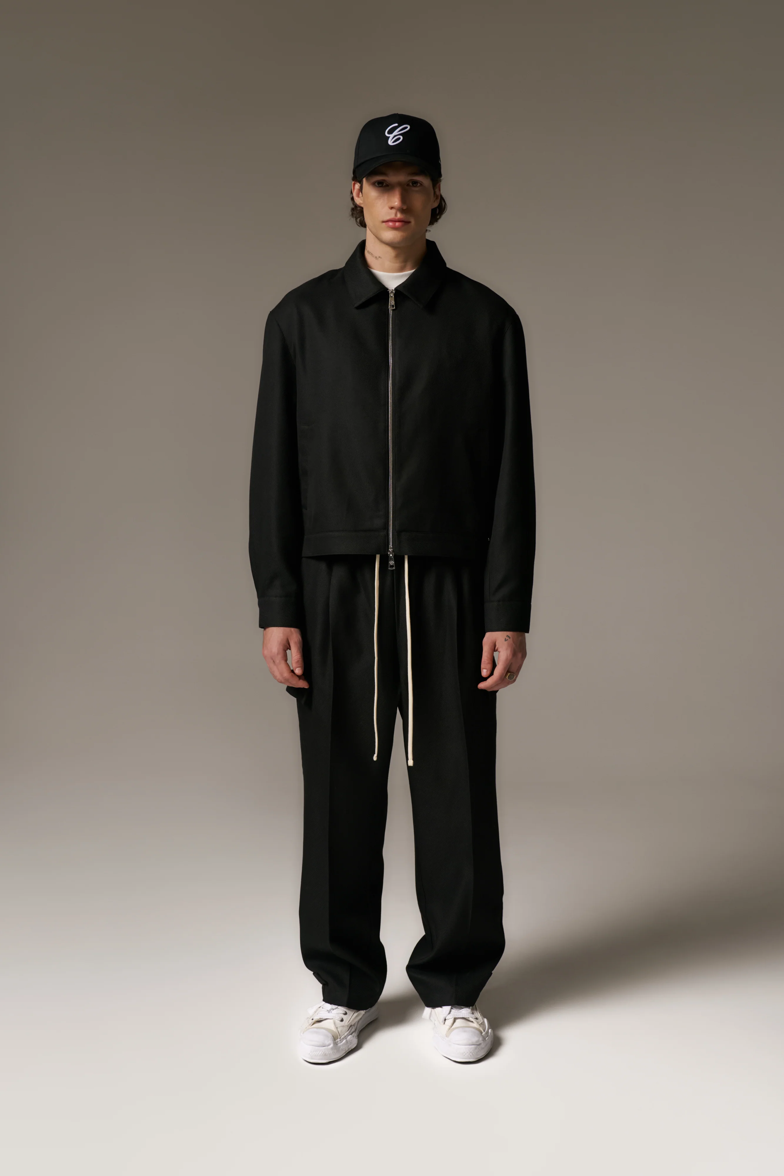 PLEATED WIDE LEG WOOL BLEND TROUSERS - BLACK